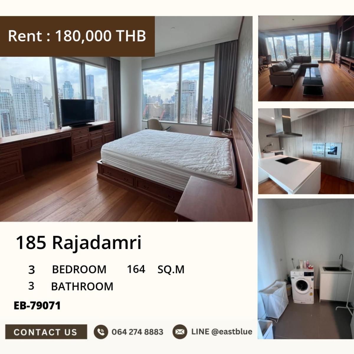 For RentCondoWitthayu, Chidlom, Langsuan, Ploenchit : 24/03/2026, For rent: 185 Rajadamri condo, 3 bedrooms, in the city center
Beautiful view, close to BTS Ratchadamri, only 180,000 THB/month! 0642748883