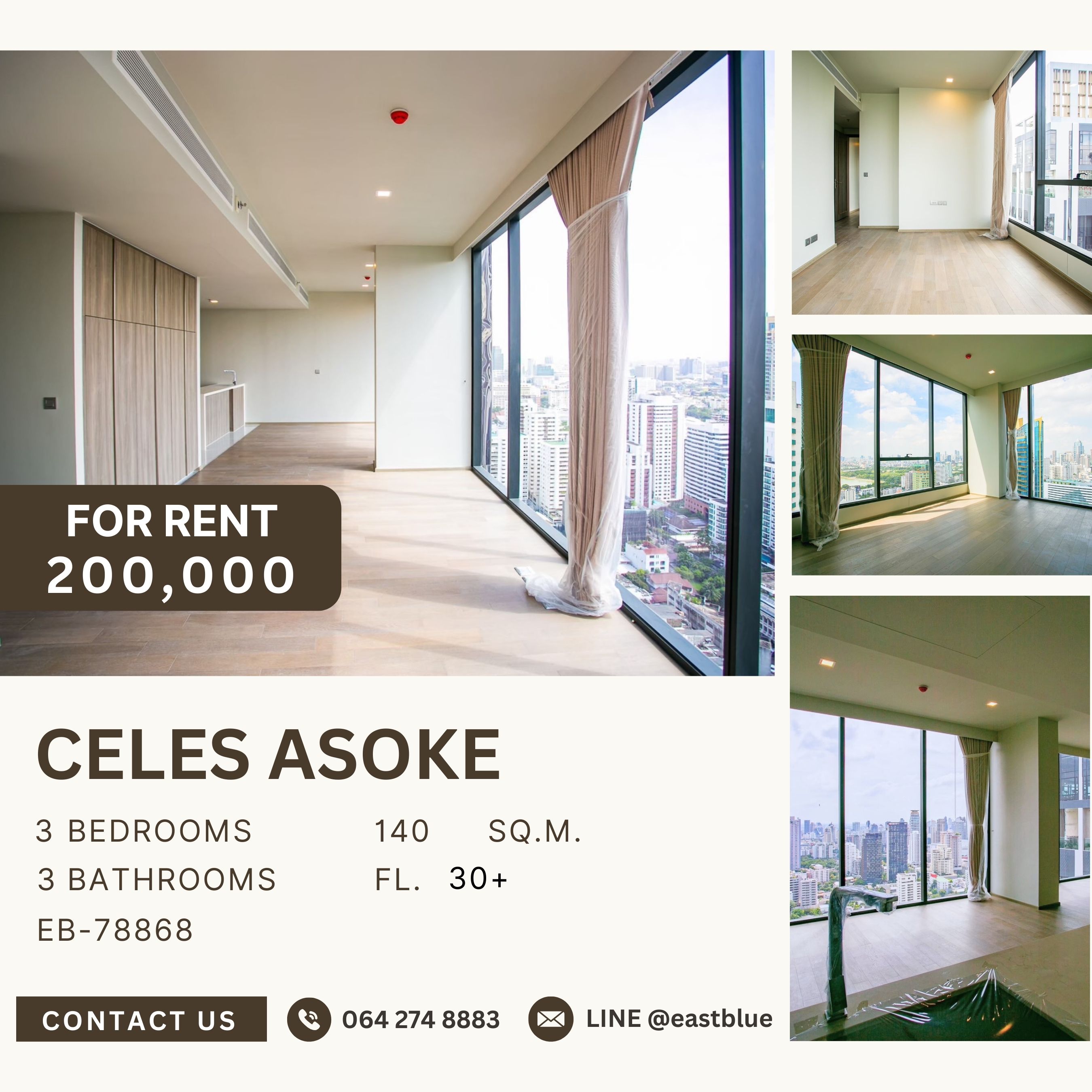 For RentCondoSukhumvit, Asoke, Thonglor : Celes Asoke, 3 bed, 200000 per month