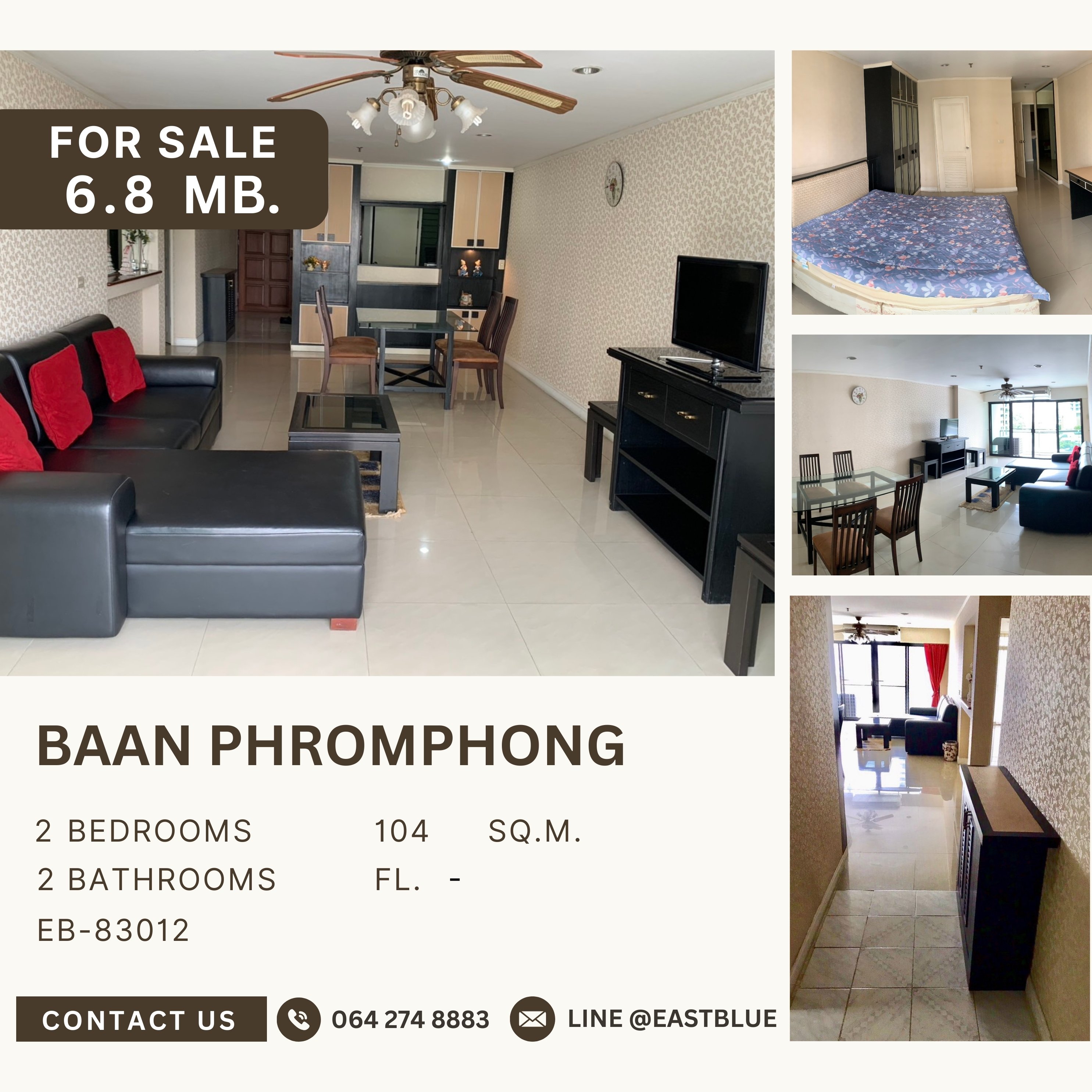 For SaleCondoSukhumvit, Asoke, Thonglor : Baan Phrom Phong 2 ห้องนอน 2 ห้องน้ำ ไซส์ใหญ่ 104 ตรม ในราคาแค่ 6.8 ล้านบาท ใกล้ EmQuartier