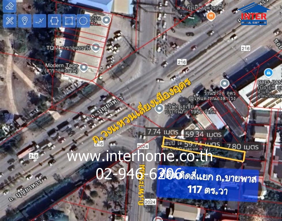 For SaleLandUdon Thani : Vacant land 117.4 sq.w. Vacant land, next to Nong Samrong intersection, Udon-Nong Samrong bypass road, Pheu Niyom road, Pheu Niyom road, Mueang Udon Thani, Udon Thani