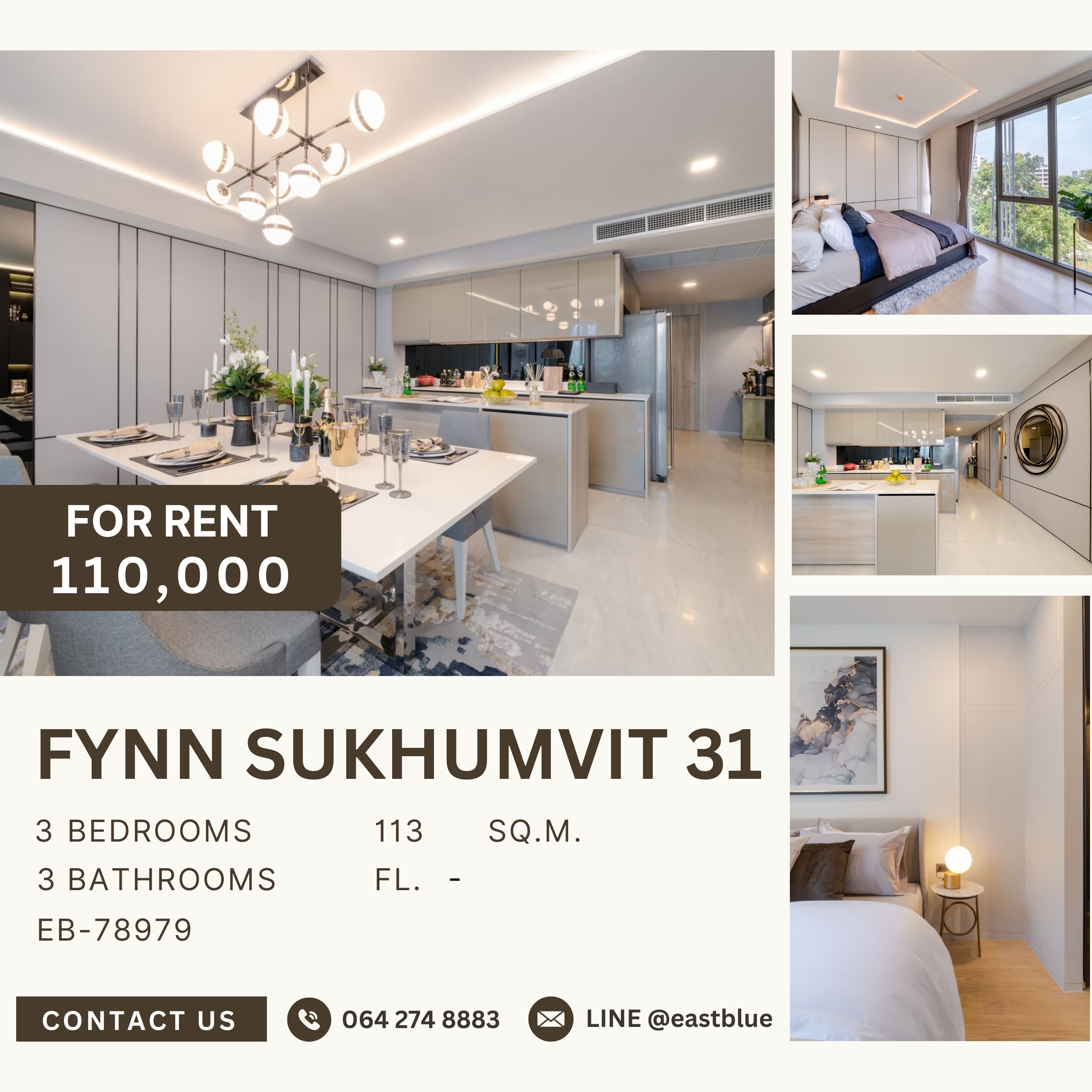 ให้เช่าคอนโดสุขุมวิท อโศก ทองหล่อ : FYNN Sukhumvit 31, 3 bed, 110000 per month