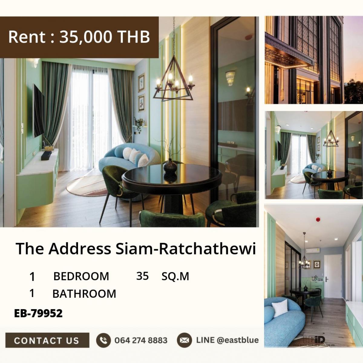 For RentCondoRatchathewi,Phayathai : 22/03/2026, In the heart of Ratchathewi! 1 bedroom condo The Address Siam with city view, convenient BTS, easy travel35 sq.m. Rental price 35,000 baht per month with complete facilities! 0642748883