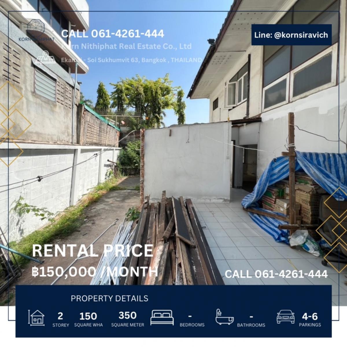 For RentRetail SpaceOnnut, Udomsuk : Rent a 2 -story house, 150 square meters, Soi Ekkamai Sukhumvit 63, Bangkok, can do a renovated business