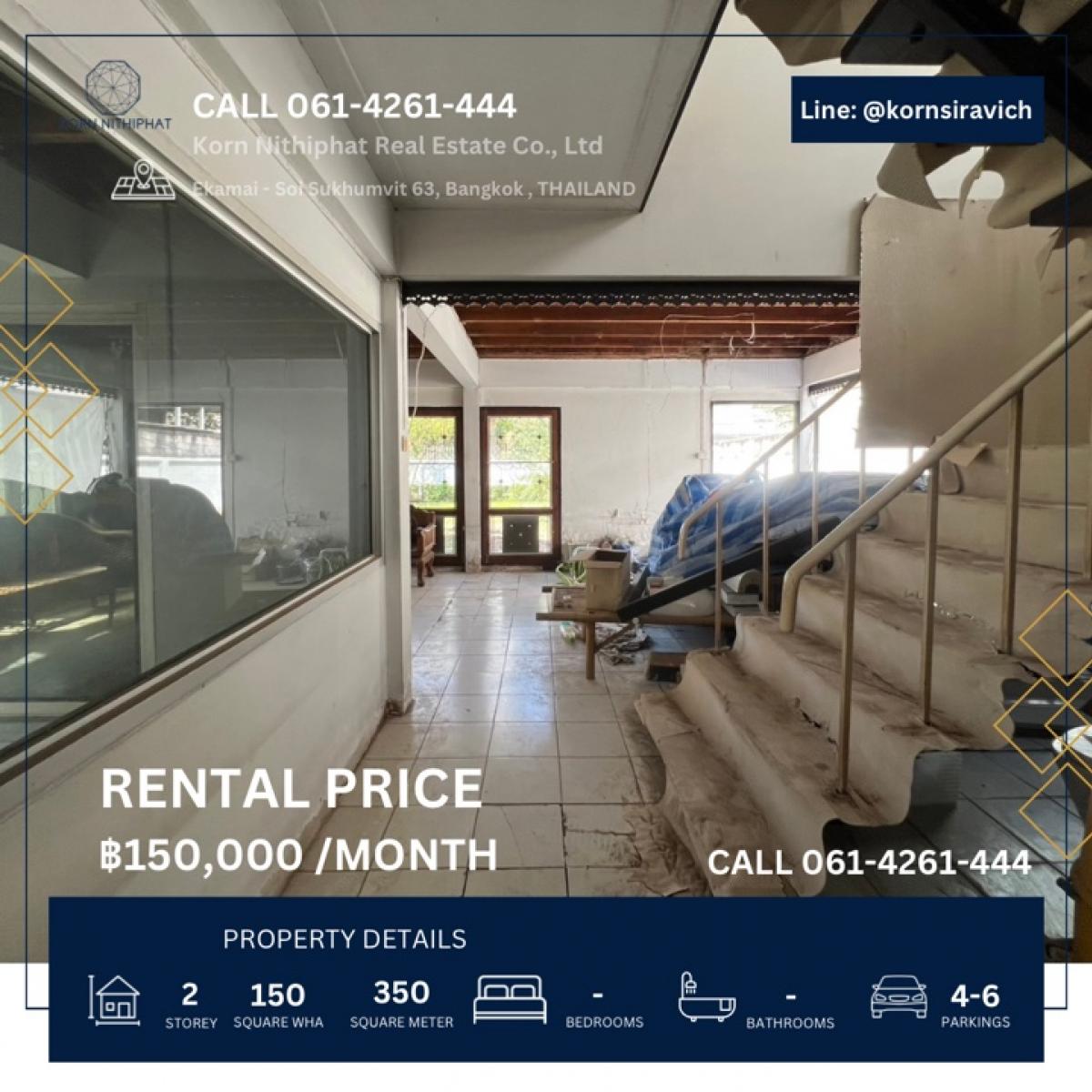 For RentRetail SpaceOnnut, Udomsuk : Rent a 2 -story house, 150 square meters, Soi Ekkamai Sukhumvit 63, Bangkok, can do a renovated business