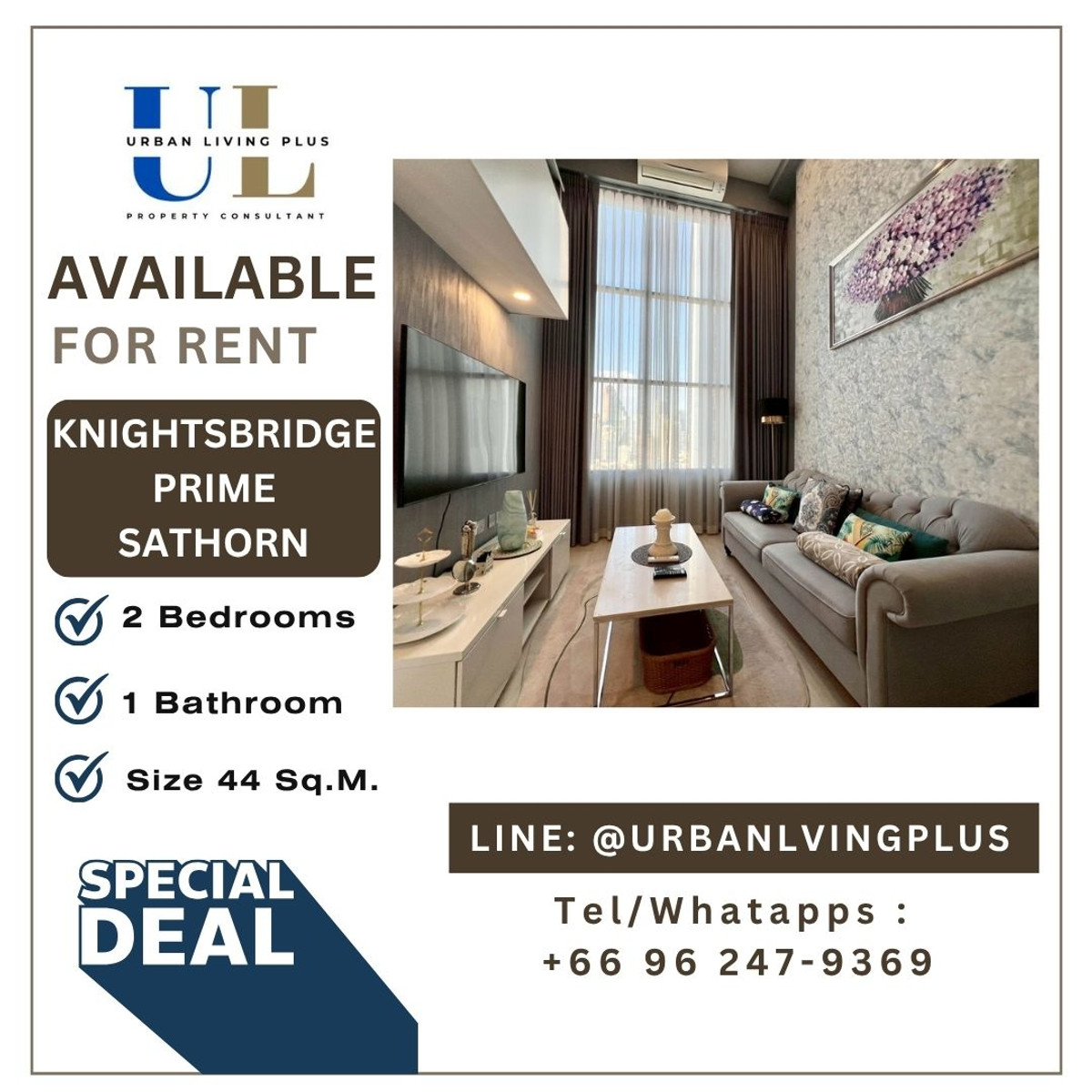 ให้เช่าคอนโดสาทร นราธิวาส : ( UL2603012 ) พร้อมอยู่!! Tel/Line 096-2479369 , สำหรับเช่า ไนท์บริดจ์ ไพร์ม สาทร, 1 ห้องนอน 1 ห้องน้ำ ขนาดห้อง 44 ตร.ม. ห้องสวย !!! ราคาพิเศษ 💥💥