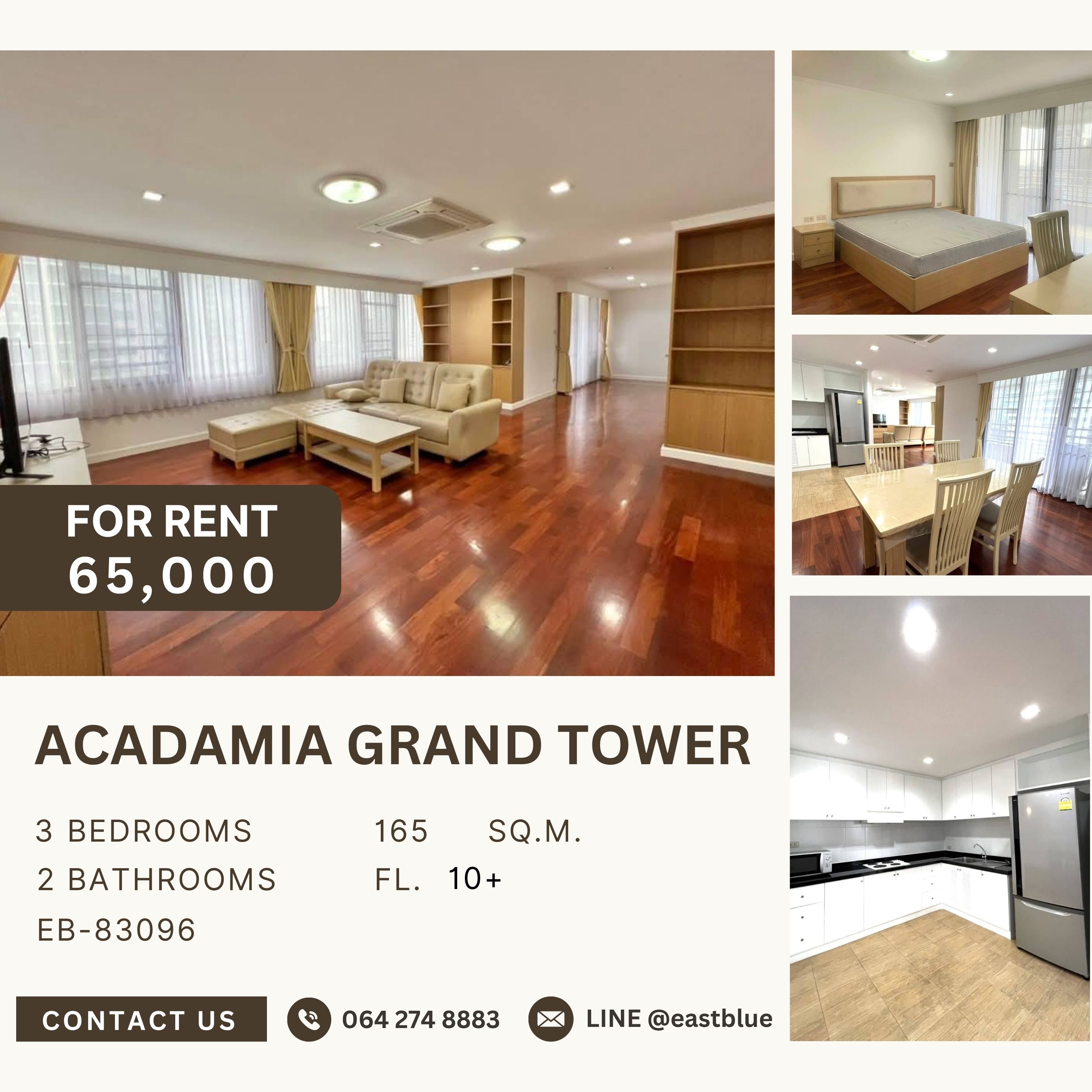 For RentCondoSukhumvit, Asoke, Thonglor : Acadamia Grand Tower, 3 bed, 65000 per month