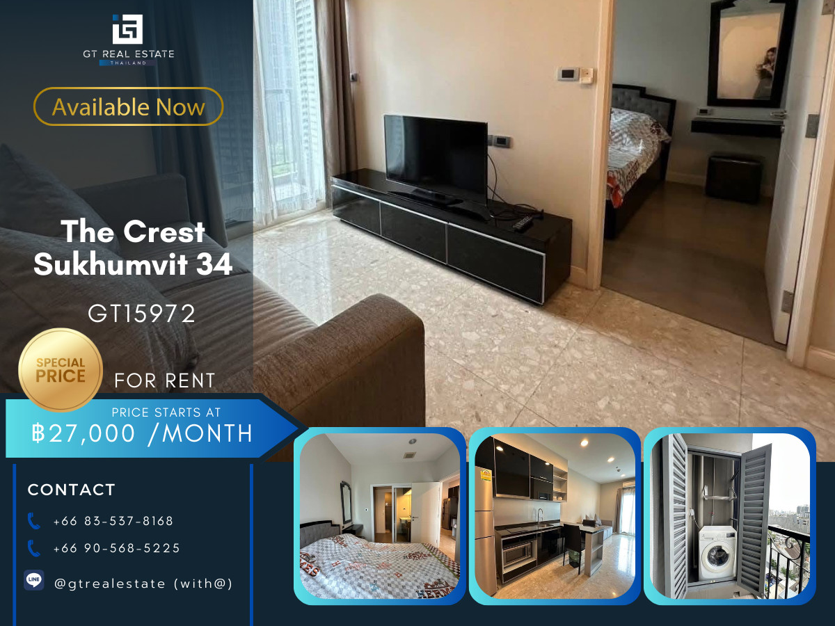 ให้เช่าคอนโดสุขุมวิท อโศก ทองหล่อ : ✨ GT15972 |  คอนโด The Crest Sukhumvit 34 ห้องสวย เฟอร์นิเจอร์ครบ พร้อมเช่าอยู่