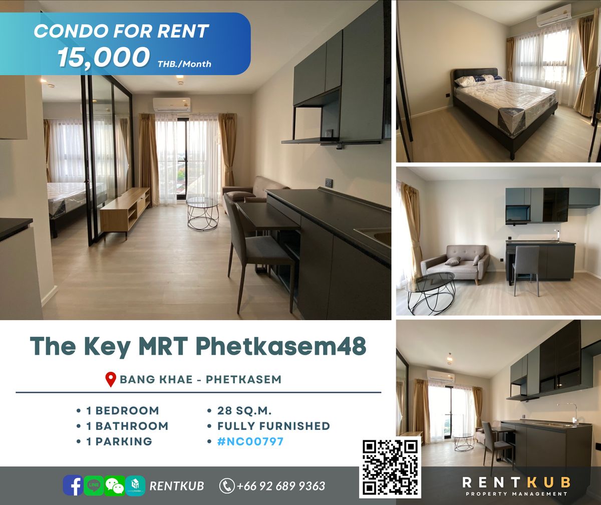 For RentCondoBang kae, Phetkasem : 🔹NC00797 Condo for Rent |  THE KEY MRT Phetkasem 48 | 28 Sqm, 1 Bed - 1 Bath | 15,000 Thb.