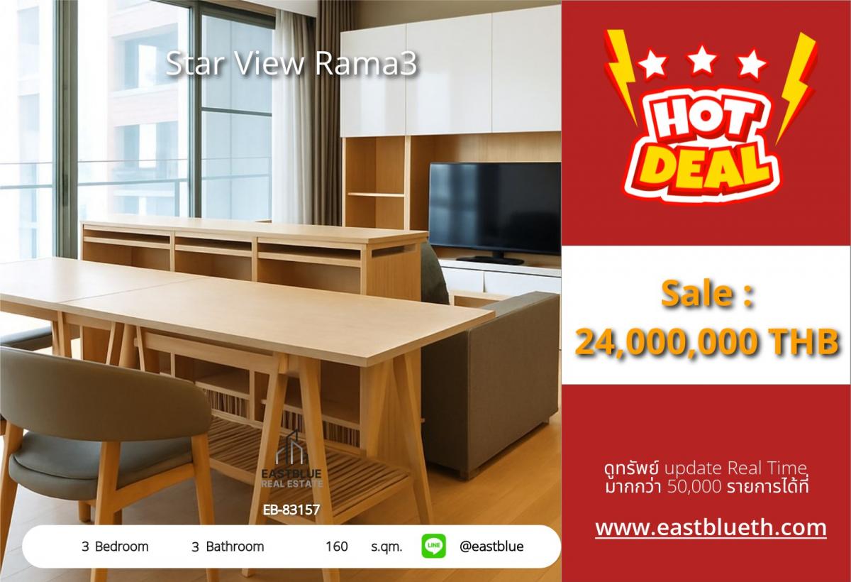 For SaleCondoRama3 (Riverside),Satupadit : Luxury condominium with 3 bedrooms, 160 sq.m., ready to move in at Star View Rama 3. Fully furnished, close to the main road, special price of only 24 million!