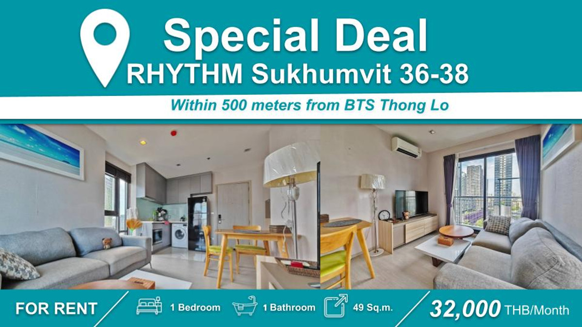 ให้เช่าคอนโดสุขุมวิท อโศก ทองหล่อ : (ปล่อยเช่า) คอนโด RHYTHM สุขุมวิท 36-38  I 1-BR  ห้องสวย ราคาดี เฟอร์+เครื่องใช้ไฟฟ้าครบ ใกล้ 🚆BTS ทองหล่อ																									