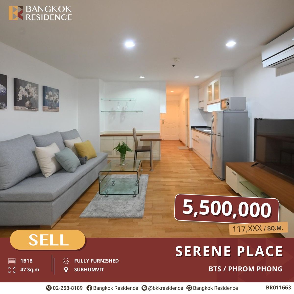 ขายคอนโดสุขุมวิท อโศก ทองหล่อ : ทำเลทอง! Serene Place 1 ห้องนอน 47 ตร.ม.ราคา 5.5 MB ใกล้ BTS พร้อมพงษ์