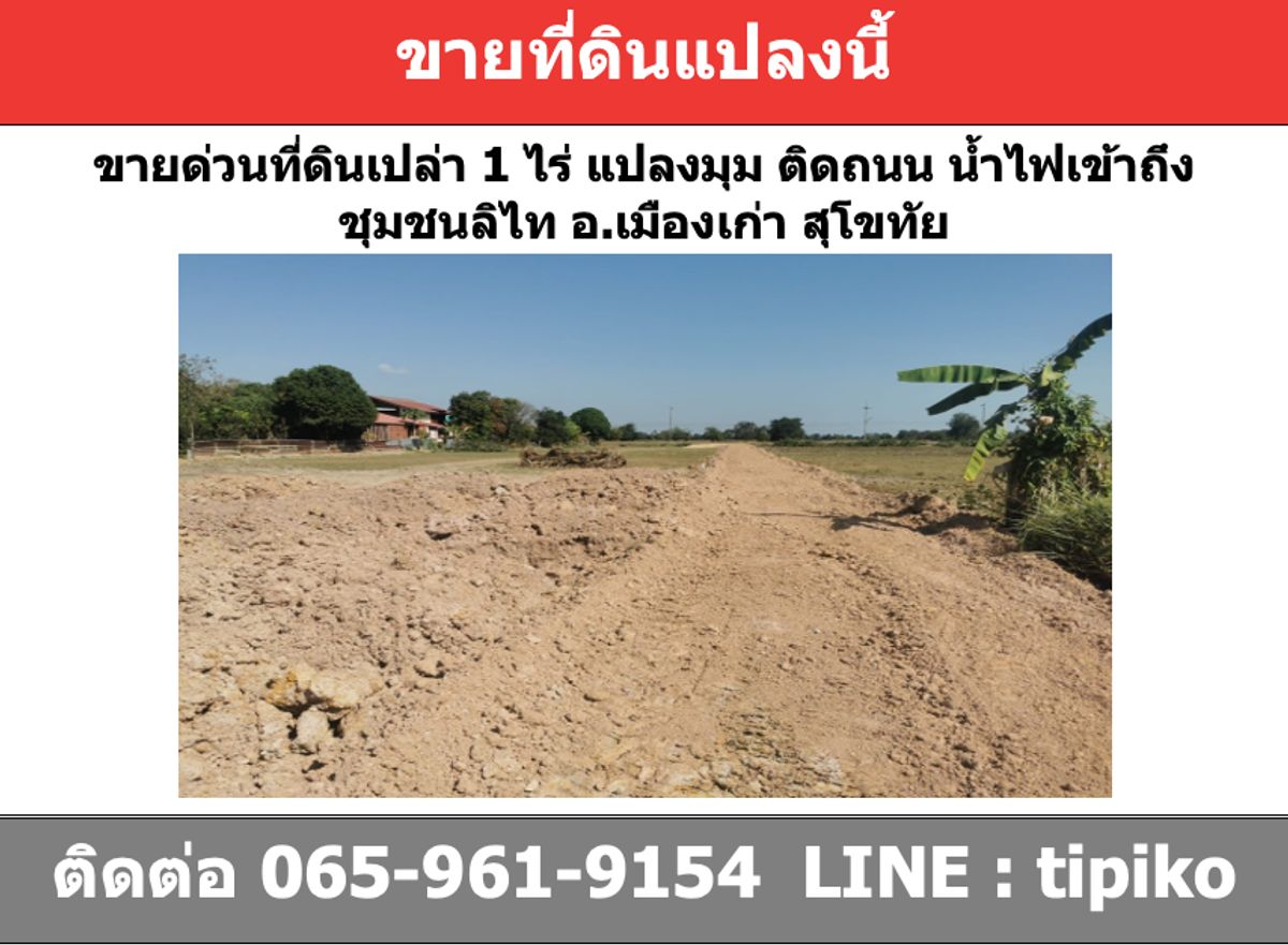 ขายที่ดินสุโขทัย : ขายที่ดิน อ.เมืองเก่า​ สุโขทัย​ ​ 1 ไร่ แปลงมุม​ ติดถนน​ น้ำไฟเข้าถึง