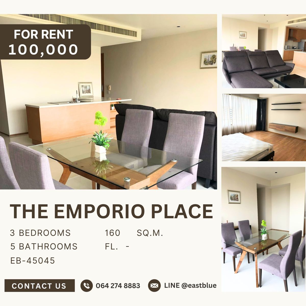 ให้เช่าคอนโดสุขุมวิท อโศก ทองหล่อ : 📍ให้เช่า คอนโด The Emporio Place,ขนาด 3 ห้องนอน 5 ห้องน้ำ 160 ตร.ม ค่าเช่า 100K ห้องสวยตรงปก มีห้องแม่บ้าน ชัั้นสูง  เฟอร์ครบ ใจกลางพร้อมพงษ์ ☎️ 088-753-2858