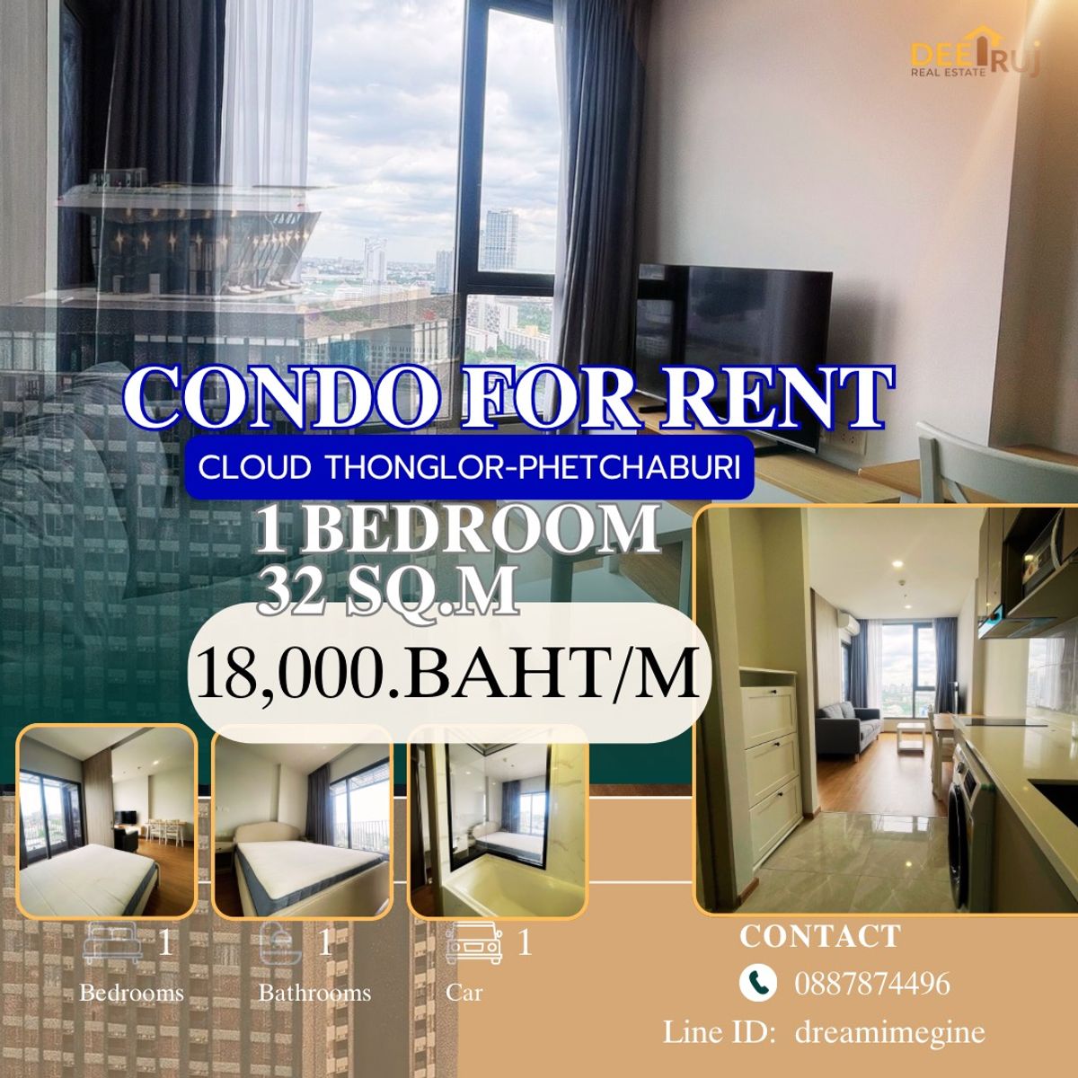 For RentCondoRama9, Petchburi, RCA : SOLD ❌1Bedroom 32SQ.mcondo Cloud Thonglor-Petchaburi