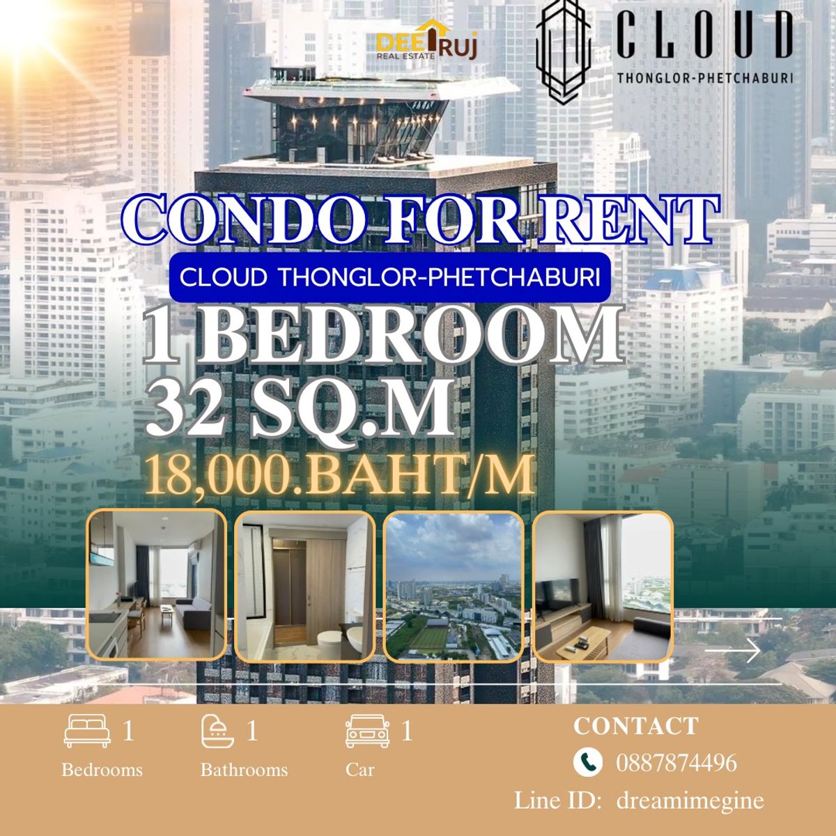 ให้เช่าคอนโดพระราม 9 เพชรบุรีตัดใหม่ RCA : 1Bedroom 32Sq.mCondo Cloud Thonglor-Phetchaburi