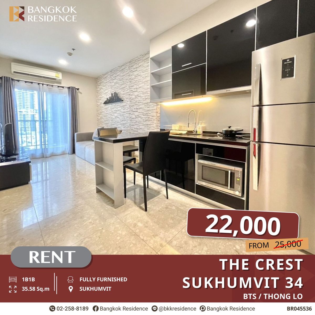 ให้เช่าคอนโดสุขุมวิท อโศก ทองหล่อ : The Crest Sukhumvit 34 ห้องพร้อมอยู่ เฟอร์ครบ ใกล้ BTS ทองหล่อ