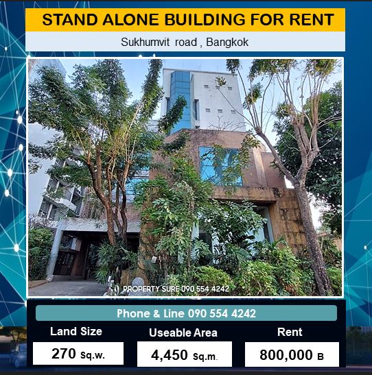 For RentHotel&Apartment BusinessOnnut, Udomsuk : For rent-sale: Stand alone office building, 6 floors, 1 building (with roof terrace), total area 4,450 sq m, near BTS Bang Chak