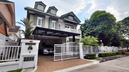 For RentHouseMin Buri, Romklao : 2-storey detached house for rent, Parkway Chalet Village, Ramkhamhaeng 190/1, size 88 sq m, near Suvarnabhumi International Airport