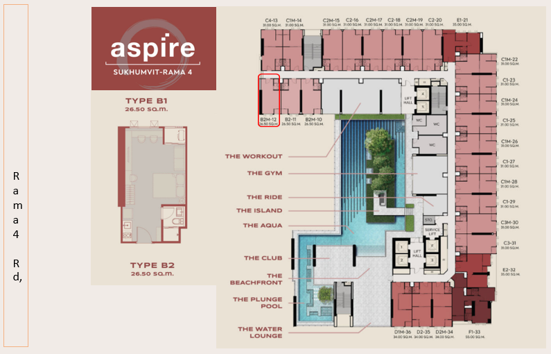 ขายดาวน์คอนโดคลองเตย กล้วยน้ำไท : Foreigner Quota🚩Aspire Sukhumvit-Rama 4 📌26.5 Sq.m. Price 2.59 MB.Pool View! Tel.081-2450908