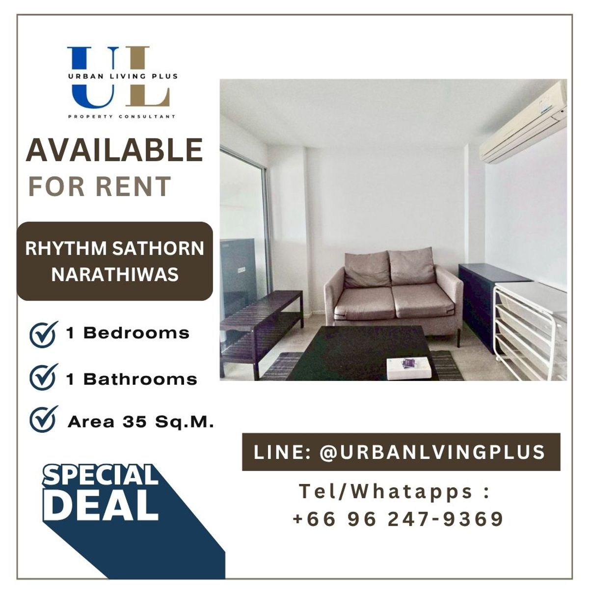 For RentCondoSathorn, Narathiwat : ( U20250724100 ) Tel/Line 096-2479369 , FOR RENT !! Rhythm Sathorn Narathiwas  1 bedroom, size 35 Sq.M. Nice room, Furnished !!!
