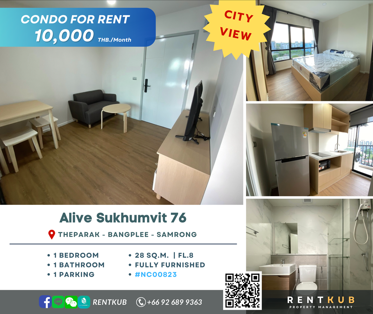 For RentCondoSamut Prakan,Samrong : 🔹NC00823 Condo for rent A Life Sukhumvit 76 | 28 sq m. | 1 bedroom, 1 bathroom | Only 12,000