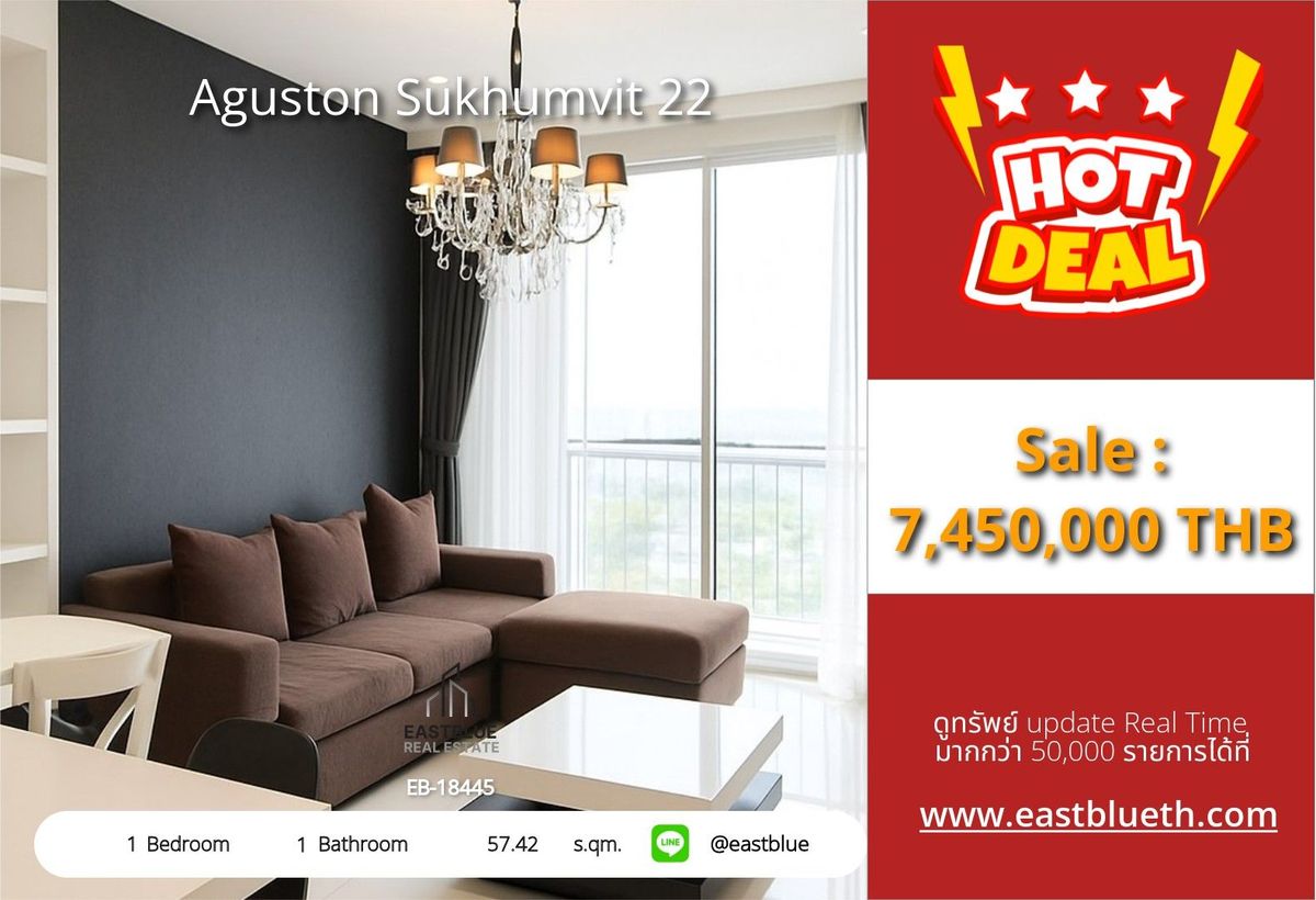 ขายคอนโดสุขุมวิท อโศก ทองหล่อ : ราคาจริงรวมค่าใช้จ่ายแล้วด่วน! Condo Aguston Sukhumvit 22 วิวดี ใกล้ BTS พร้อมพงษ์ 57.42 ตรม. ฟิตเนส สระว่ายน้ำ พร้อมราคา 7.45 ลบ.เท่านั้น!