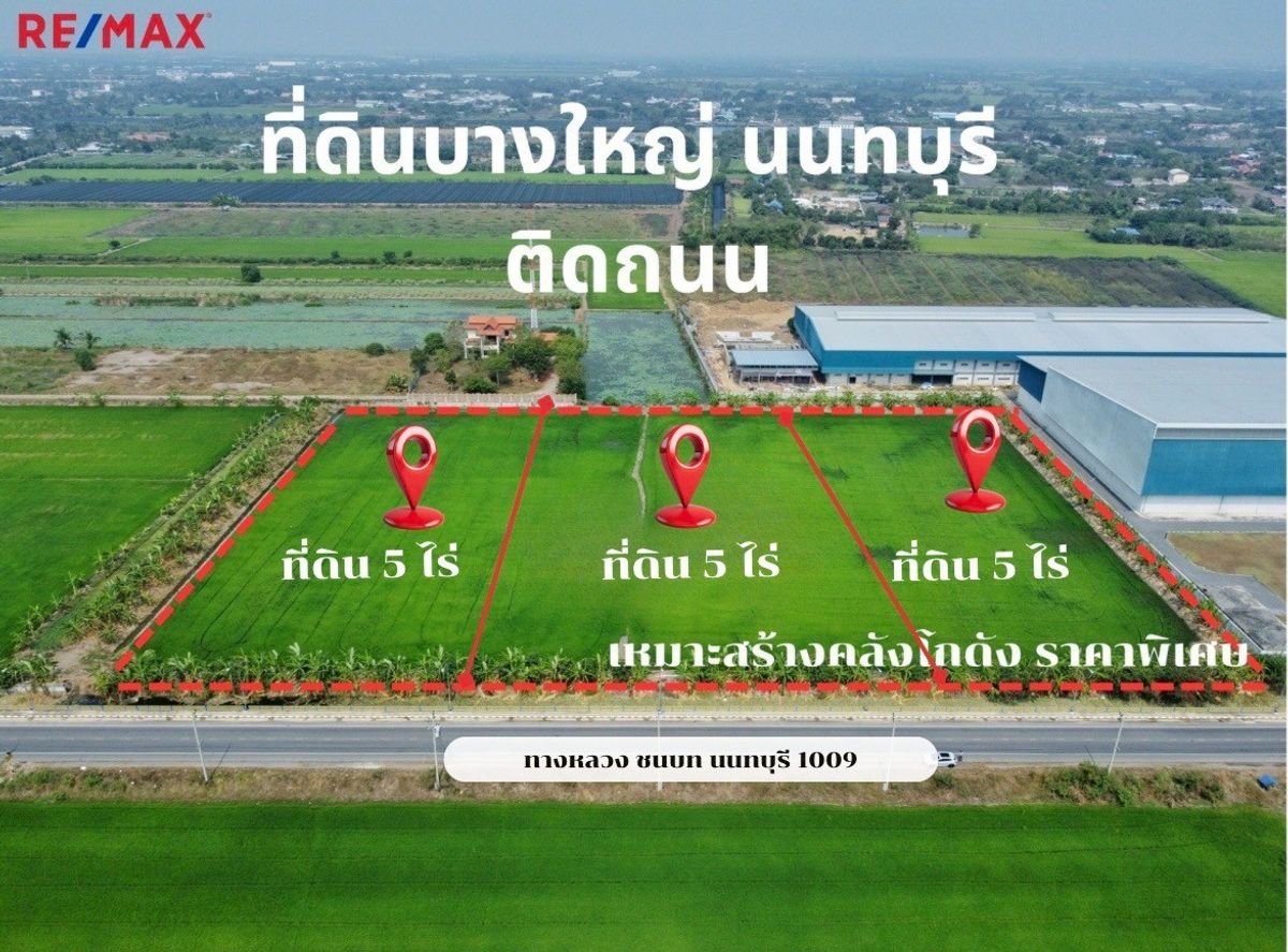 ขายที่ดินนนทบุรี บางใหญ่ บางบัวทอง : ขายที่ดินบางใหญ่ นนทบุรี | ขนาด 5-15 ไร่ | ติดถนนใหญ่ ใกล้มอเตอร์เวย์ เหมาะสำหรับสร้างโกดัง คลังสินค้า 