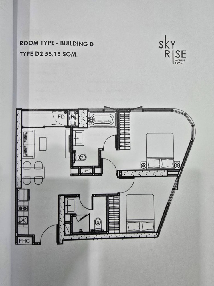 ขายดาวน์คอนโดอ่อนนุช อุดมสุข : ขายดาวน์ Skyrise Avenue สุขุมวิท 64 - 2Bed 2Bath 55.15 sq.m. Rare Unit D1808