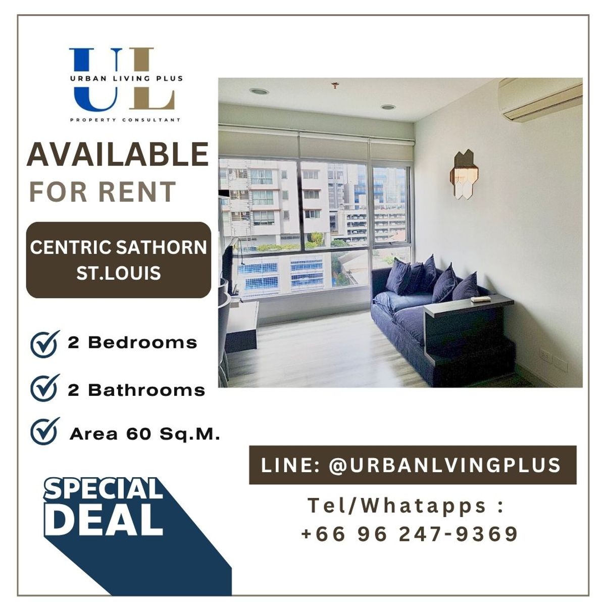 For RentCondoSathorn, Narathiwat : ( U20250729200 ) Tel/Line 096-2479369 , FOR RENT Centric Sathorn St.louis Condo  / 2 bedroom, 2 bathroom, Corner room, furnished, Special Deal!!