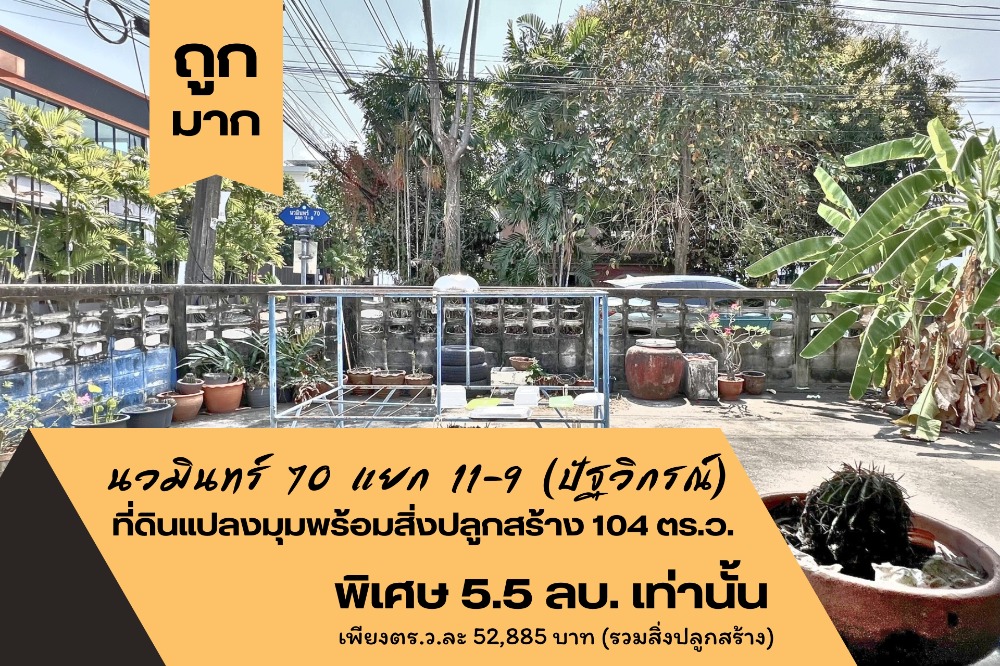 ขายที่ดินเกษตร นวมินทร์ ลาดปลาเค้า : ขายที่ดินแปลงมุม ปัฐวิกรณ์  นวมินทร์ 70 แยก 11-9 แปลงมุม 104 ตารางวา เกินคำว่าคุ้ม