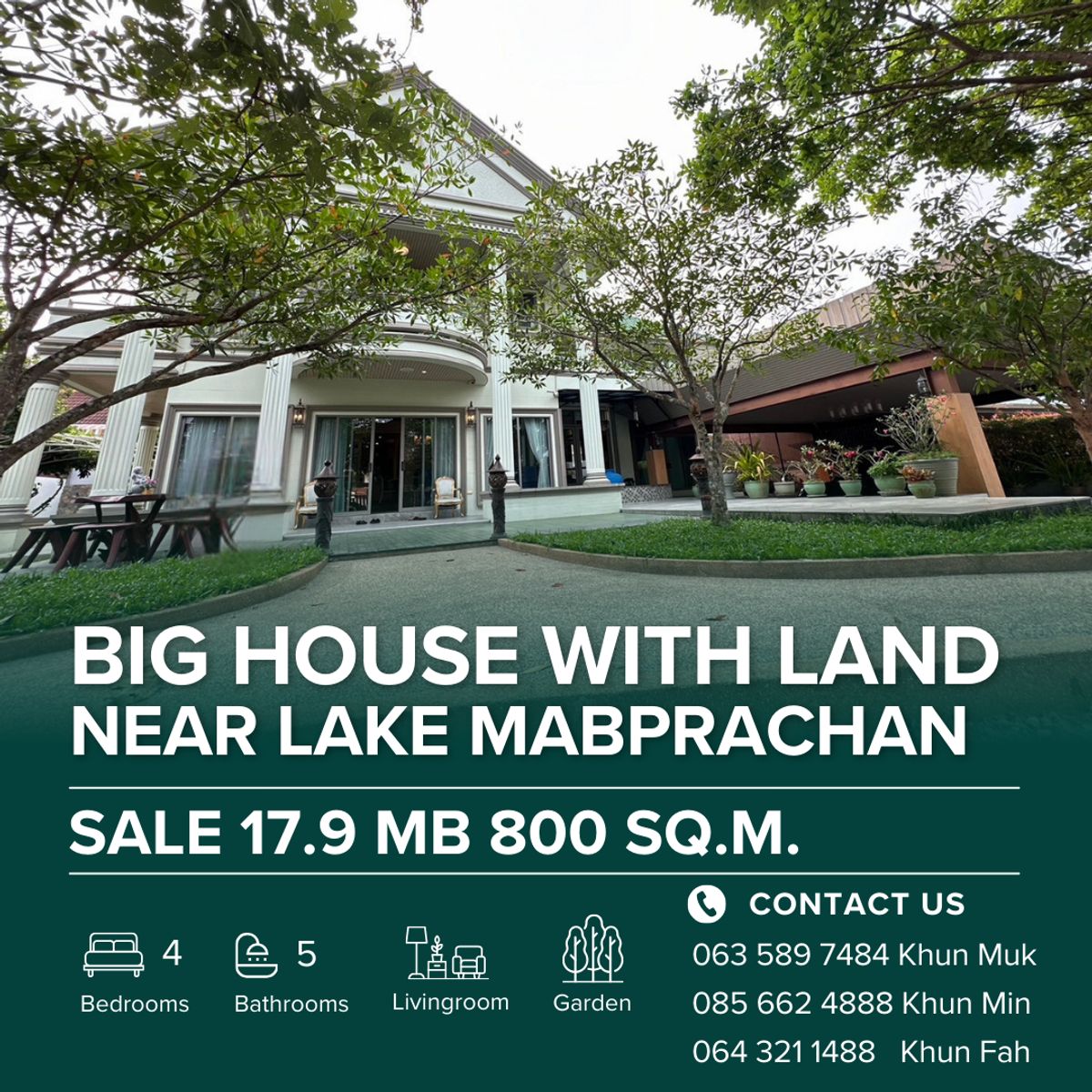 ขายบ้านพัทยา บางแสน ชลบุรี สัตหีบ : 🏡 BIg house with land | 800 Sq.m | Near mabprachan lake | 4 Bedroom 5 Bathroom | 1 Maid room 🌿✨