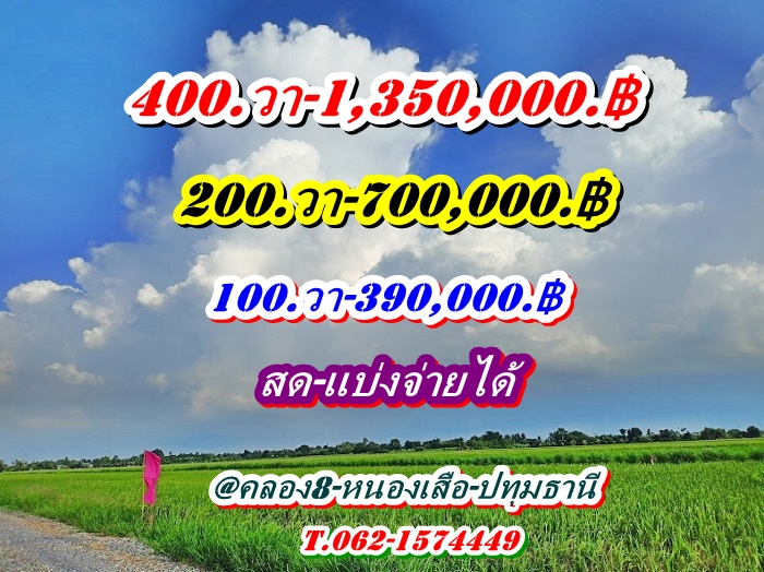 For SaleLandPathum Thani,Rangsit, Thammasat : Cheaper than anyone in this area. The water supply is complete here@Khlong 8. Khlong 8, Bueng Bon, Village No. 4, West (Bueng Bon Temple) T.062-1574449