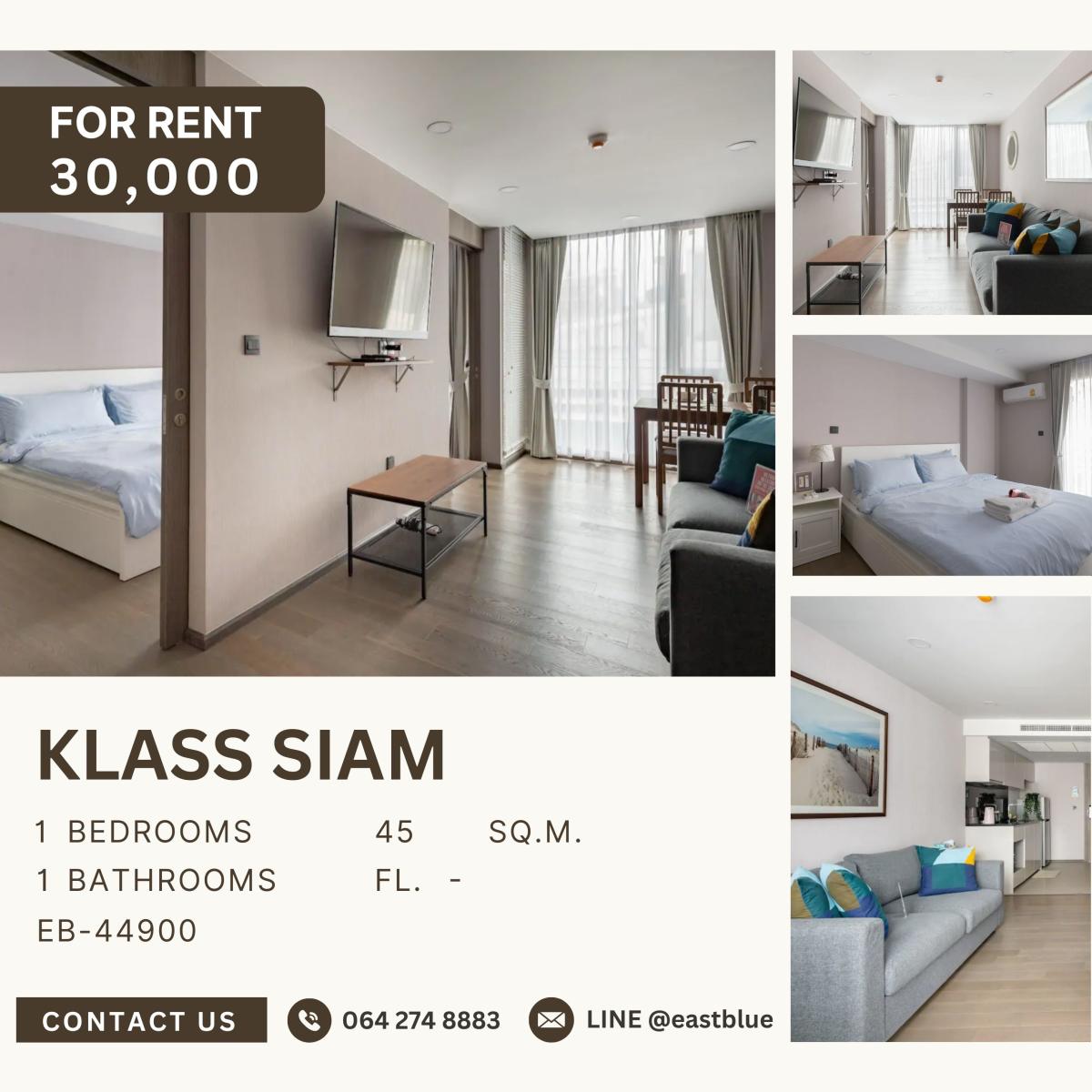 For RentCondoSiam Paragon ,Chulalongkorn,Samyan : Klass Siam, 1 bed, 30000 per month