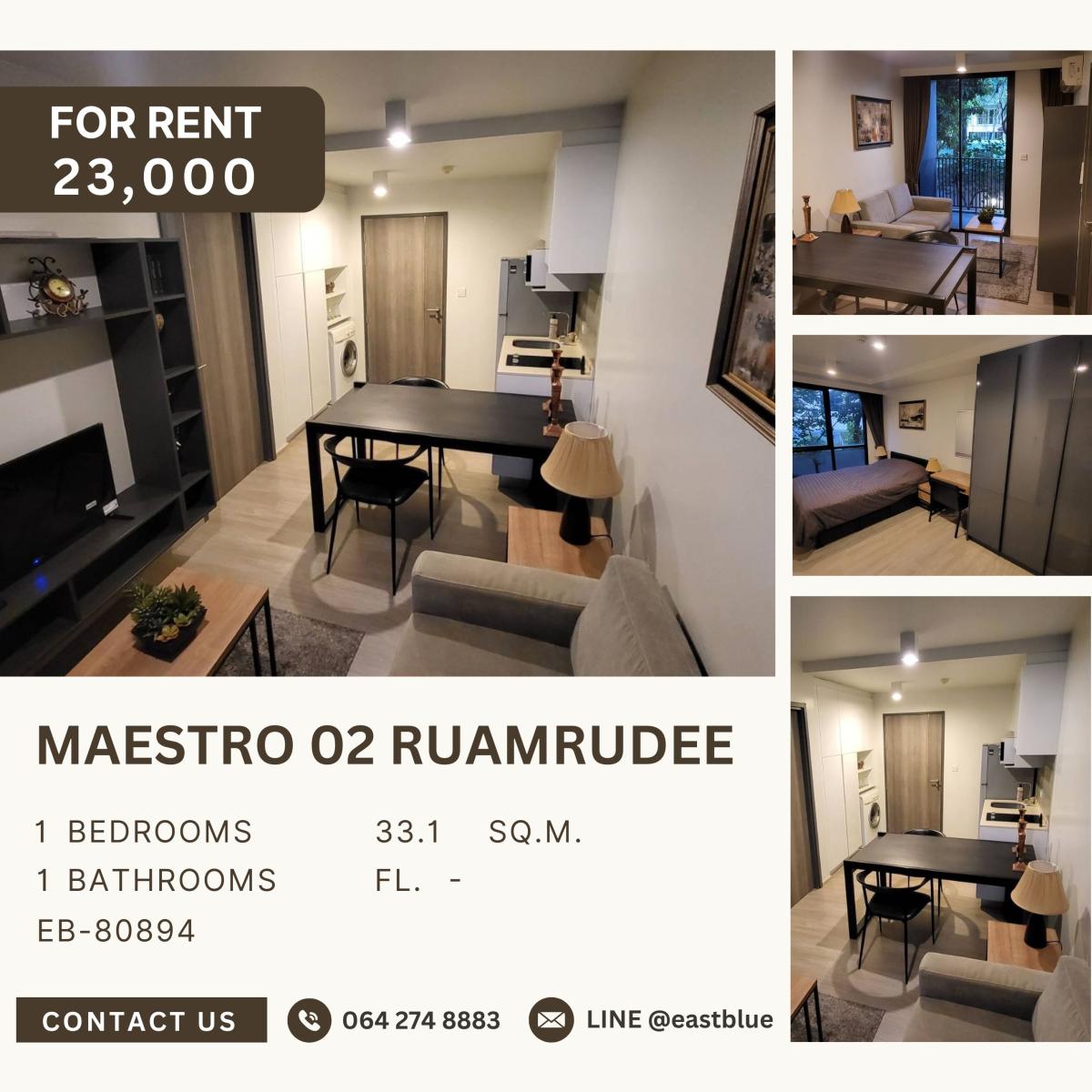 For RentCondoWitthayu, Chidlom, Langsuan, Ploenchit : Maestro 02 Ruamrudee, 1 bed, 23000 per month