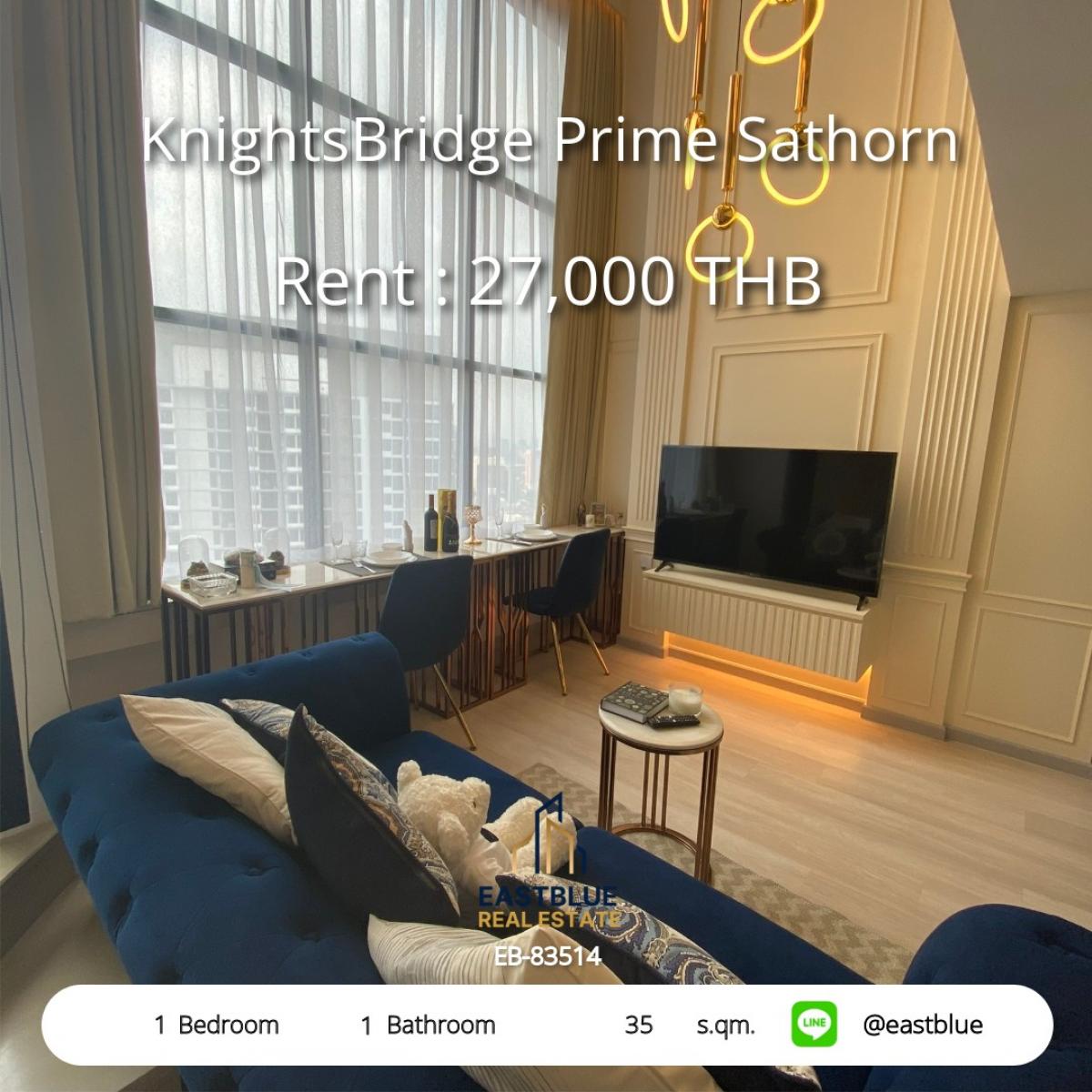 ให้เช่าคอนโดสาทร นราธิวาส : เช่าคอนโด KnightsBridge Prime Sathorn 1นอน 35 ตร.ม. ใกล้ BTS Chong Nonsi ราคาสุดคุ้ม 27,000 บาท/เดือน พร้อมสระว่ายน้ำ ฟิตเนส และระบบรักษาความปลอดภัย 24 ชม.!
