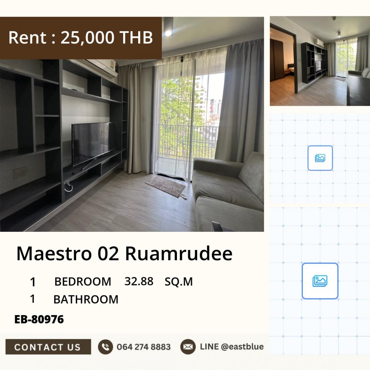 For RentCondoWitthayu, Chidlom, Langsuan, Ploenchit : 22/03/2026, For rent: Maestro 02 Ruamrudee, 1 bedroom, near BTS Phloen Chit
32.88 sq.m. Price 25,000 THB/month with full amenities! 0642748883