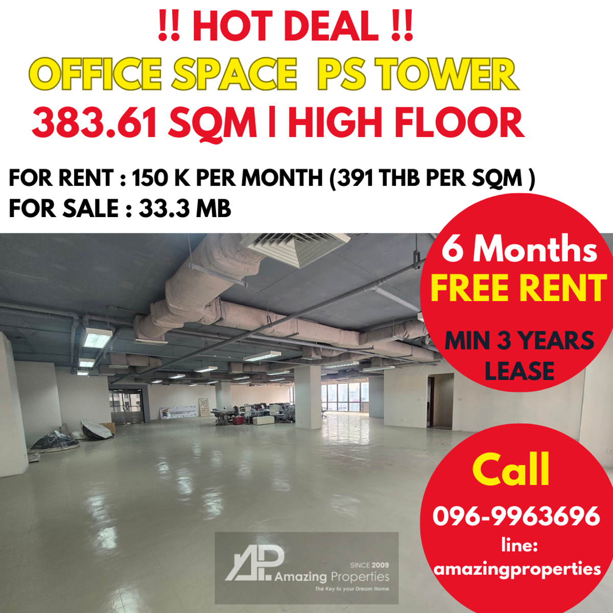 OfficeSukhumvit, Asoke, Thonglor : HOTDEAL!  6 MONTHS FREE RENT!!  383.61 sqm Office space in PS Tower for rent & sale