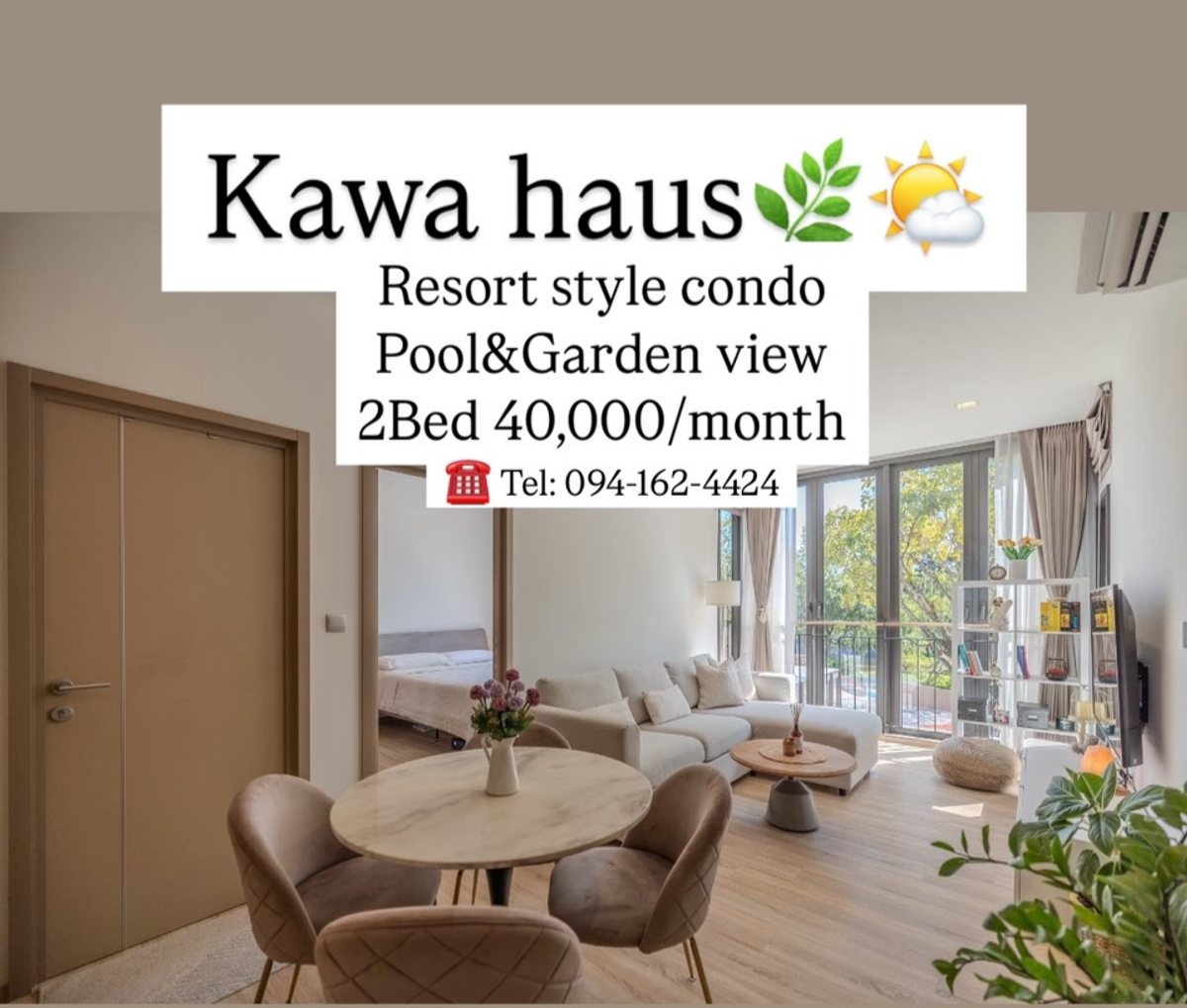 For RentCondoOnnut, Udomsuk : Kawa Hauus ,, Resort Condo @BTS onnut 2Bedroom 40,000/Moth Garden & Pool View ☎️ Tel: 094-162-4424