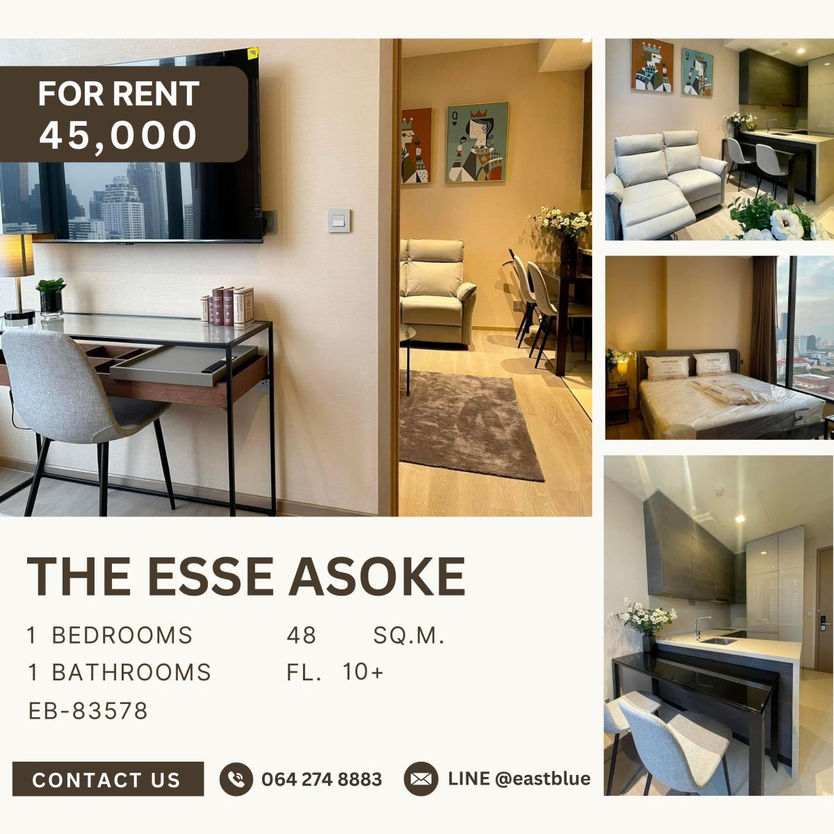ให้เช่าคอนโดสุขุมวิท อโศก ทองหล่อ : The Esse Asoke, 1 bed, 45000 per month