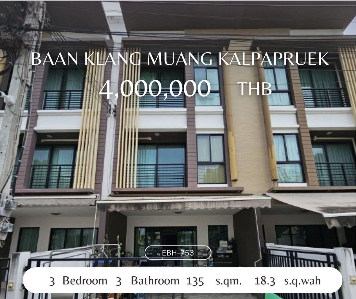 For SaleTownhomeThaphra, Talat Phlu, Wutthakat : Ban Klang Mueang Kanlapaphruek - 3 -story townhome 18.3 square wah in front of the house Soi Ton Project Near the club house Easy access-out.