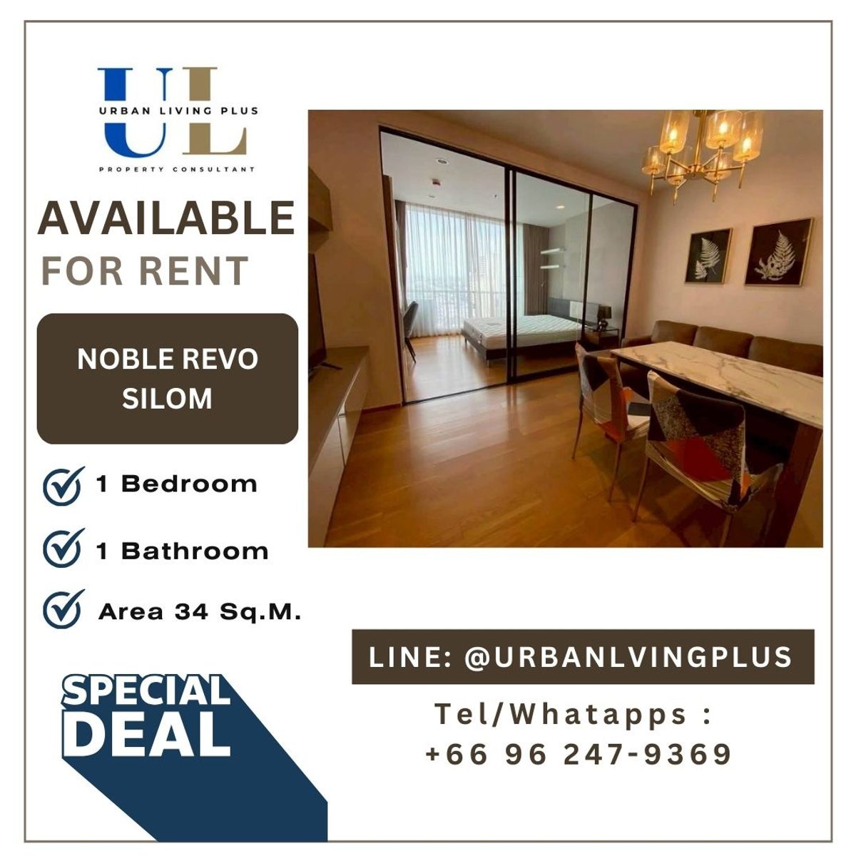 For RentCondoSathorn, Narathiwat : (UL2509181) Tel/Line 096-2479369 , FOR RENT NOBLE REVO SILOM 1 Bedroom 1 Bathroom 34 Sq.M. Ready to move in✨