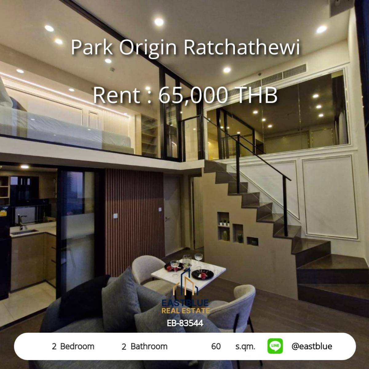 For RentCondoRatchathewi,Phayathai : Rent a luxury condo Park Origin Ratchathewi 2 bedrooms with a beautiful view, near BTS.Area 60 sq.m. Price only 65,000 THB/month!