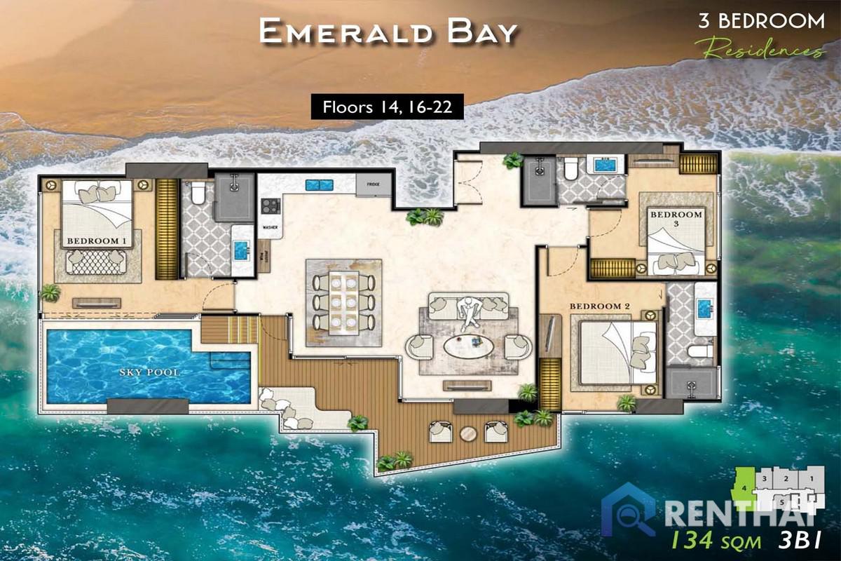 For SaleCondoPattaya, Bangsaen, Chonburi : The Riviera California 3 bedroom 3 bathroom 134 sqm Sea view and private pool