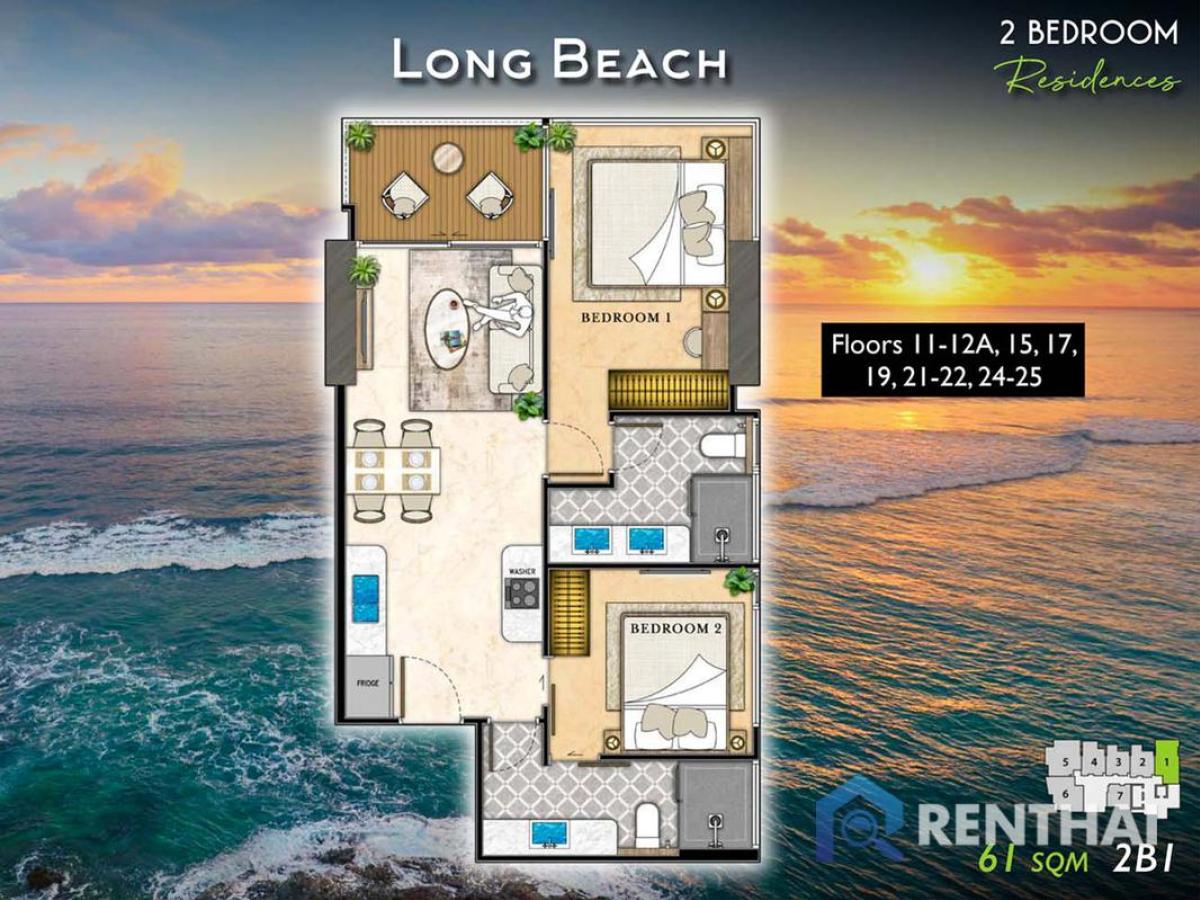 For SaleCondoPattaya, Bangsaen, Chonburi : The Riviera California  2 bedroom 2 bathroom 61 sqm