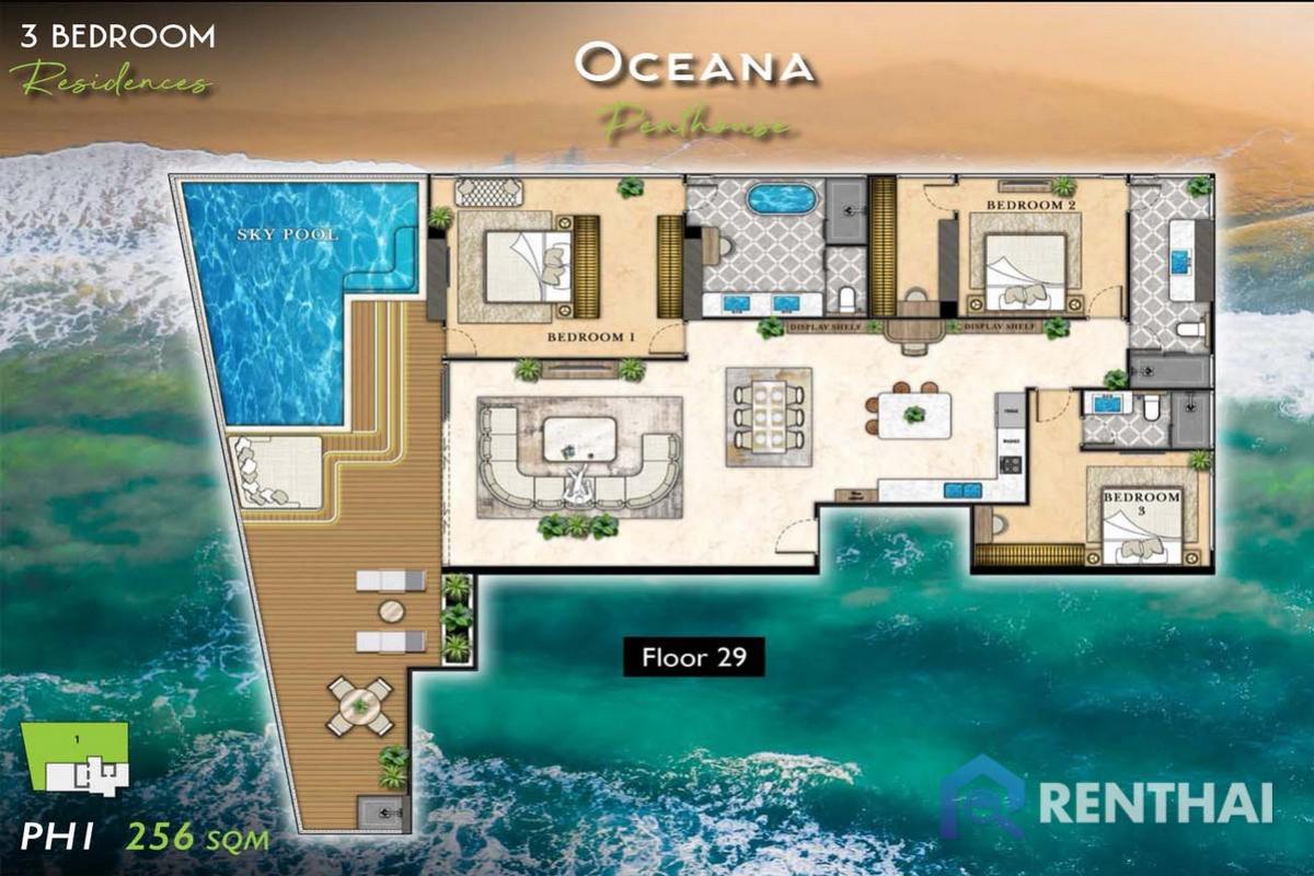 ขายคอนโดพัทยา บางแสน ชลบุรี สัตหีบ : The Riviera California Penthouse 3 ห้องนอน ขนาด 256 ตร.ม. วิวทะเลชั้นสูง