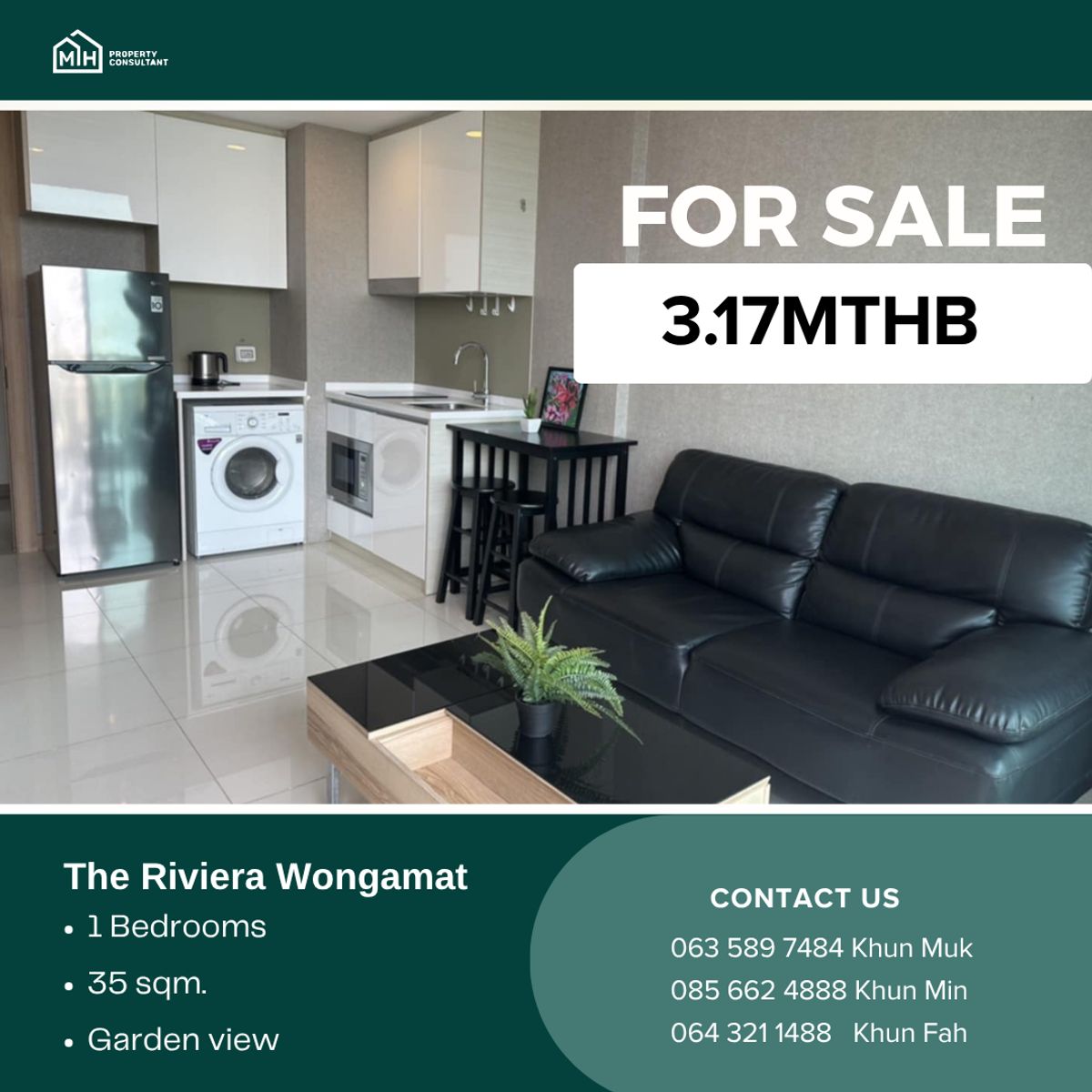 ขายคอนโดพัทยา บางแสน ชลบุรี สัตหีบ : 📢 Condo for sale, garden, garden and Riviera wongamat - 3.17 million baht | Thai name | 35 sqm | 7th floor 📢