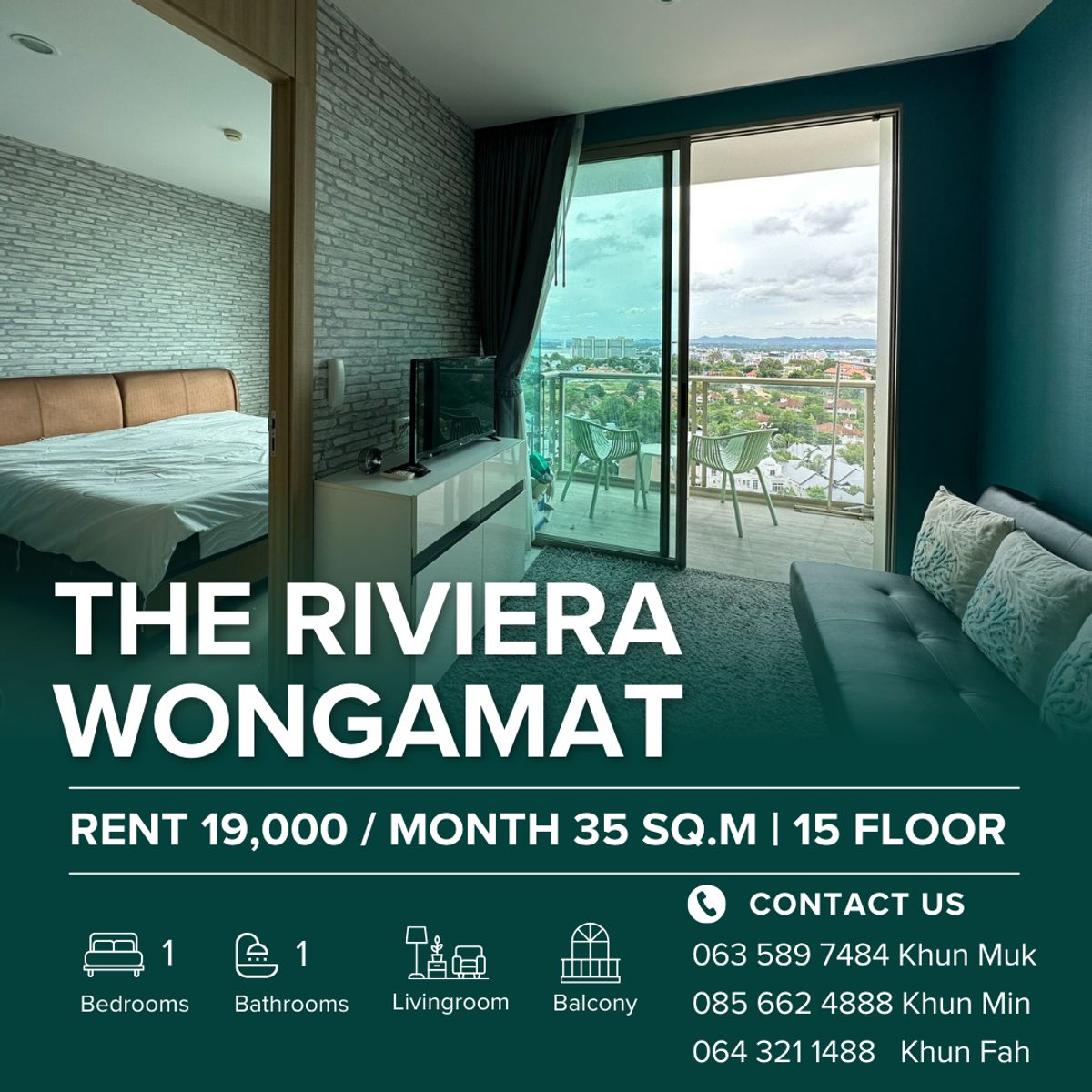 ให้เช่าคอนโดพัทยา บางแสน ชลบุรี สัตหีบ : 📍 The Riviera Wongamat – 1BR Condo for Rent | 19,000 THB/Month | 35 Sq.m | 15 Floor 🌊