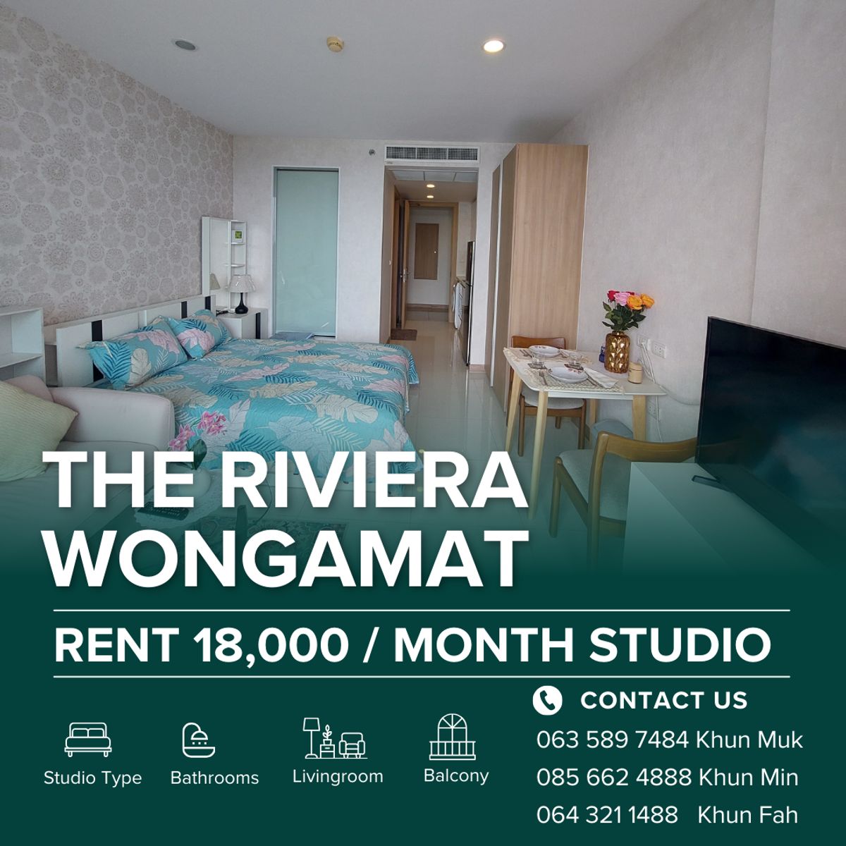 ให้เช่าคอนโดพัทยา บางแสน ชลบุรี สัตหีบ : 🏙️ The Riviera Wongamat| Studio | 8th Floor | 18,000 THB/Month