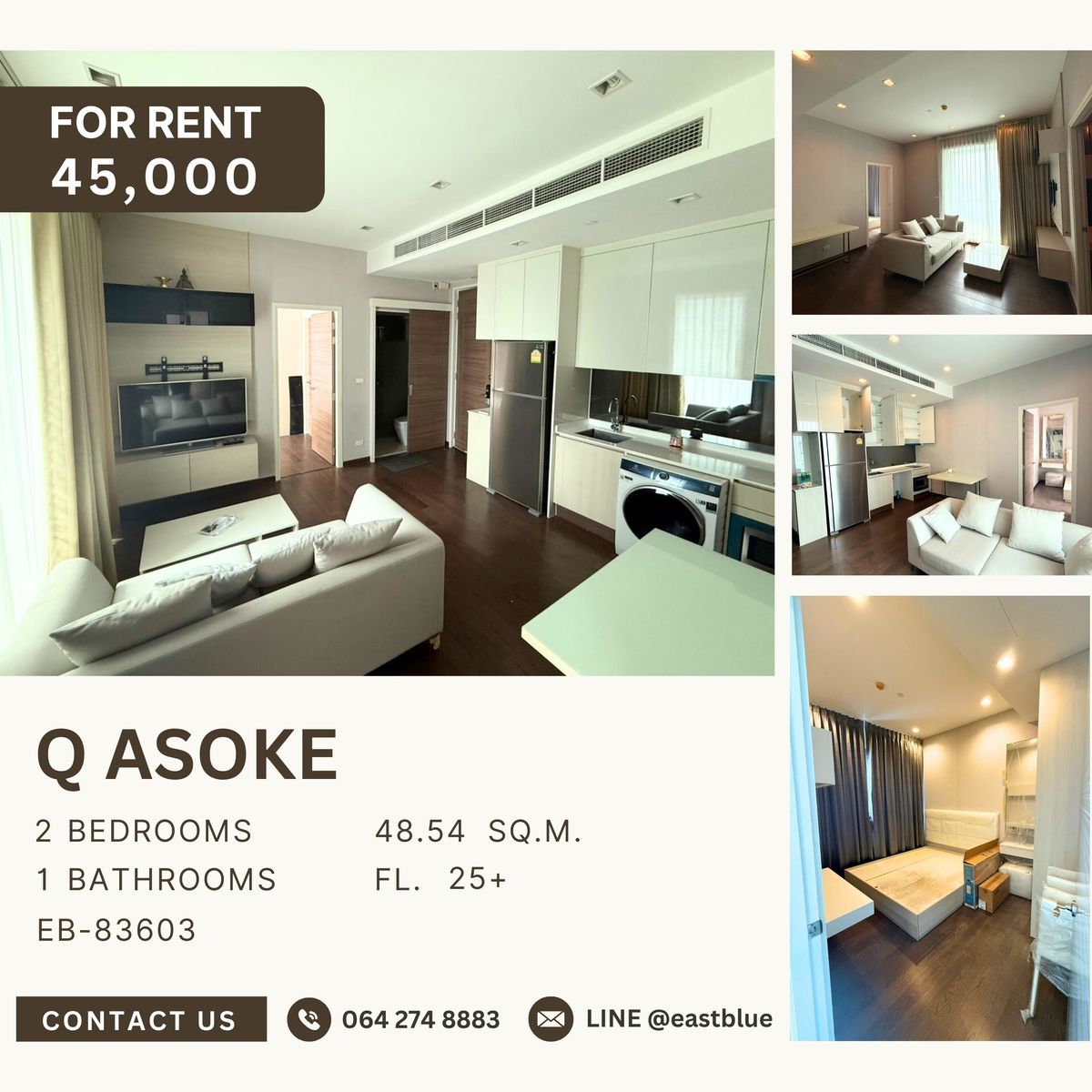 For RentCondoRama9, Petchburi, RCA : Q Asoke, 2 bed, 45000 per month
