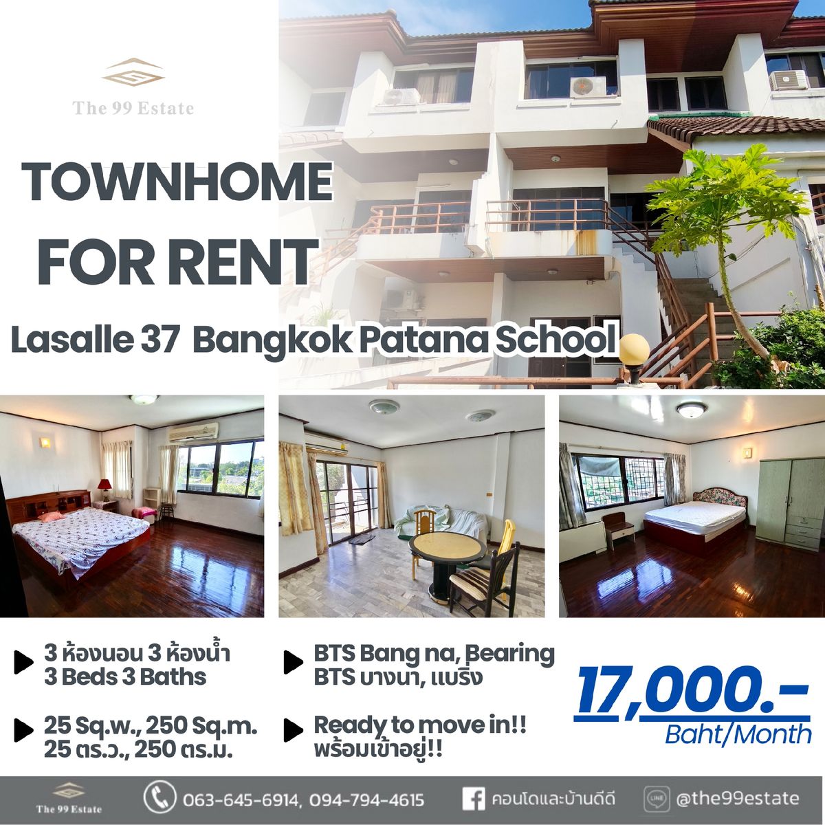 For RentTownhomeBangna, Bearing, Lasalle : 📣 Rent 🏡 3 -story townhome for rent, Soi La Sal 37, near Bangkok Pattana International School ❤️‍🔥
